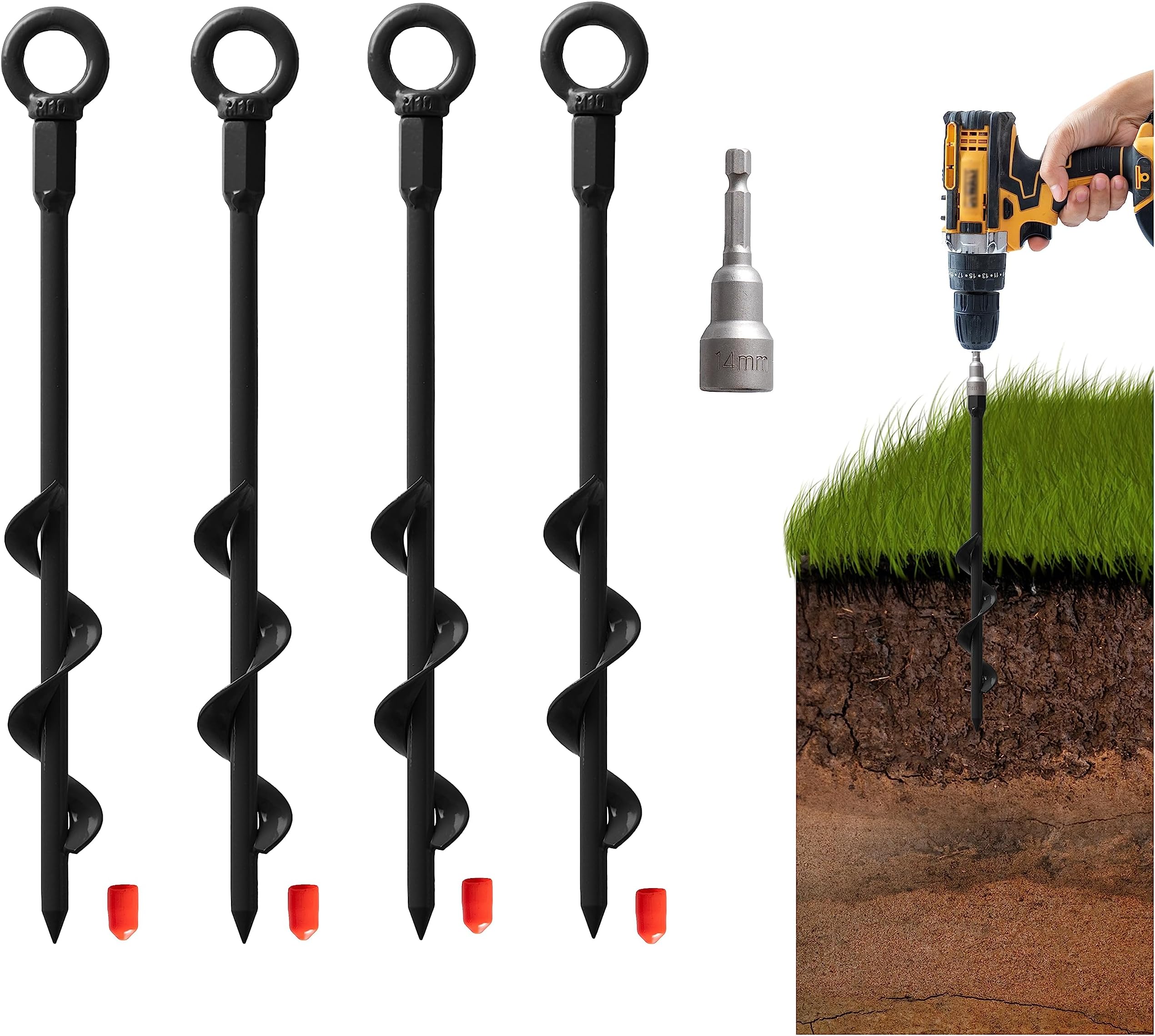 VASGOR 12” Ground Anchors (4pcs) Easy to Use with Drill, 30mm Diameter, Heavy...
