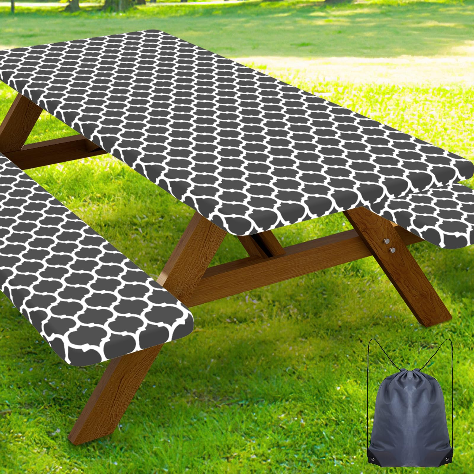Smiry Picnic Table Cover with Bench Covers, Waterproof Elastic Fitted Tablecloth for 5 Foot Tables, Washable Polyester Tablecloths for Camping, Indoor &amp; Outdoor (Dark Grey, 30x60 Inch 3-pc Set)