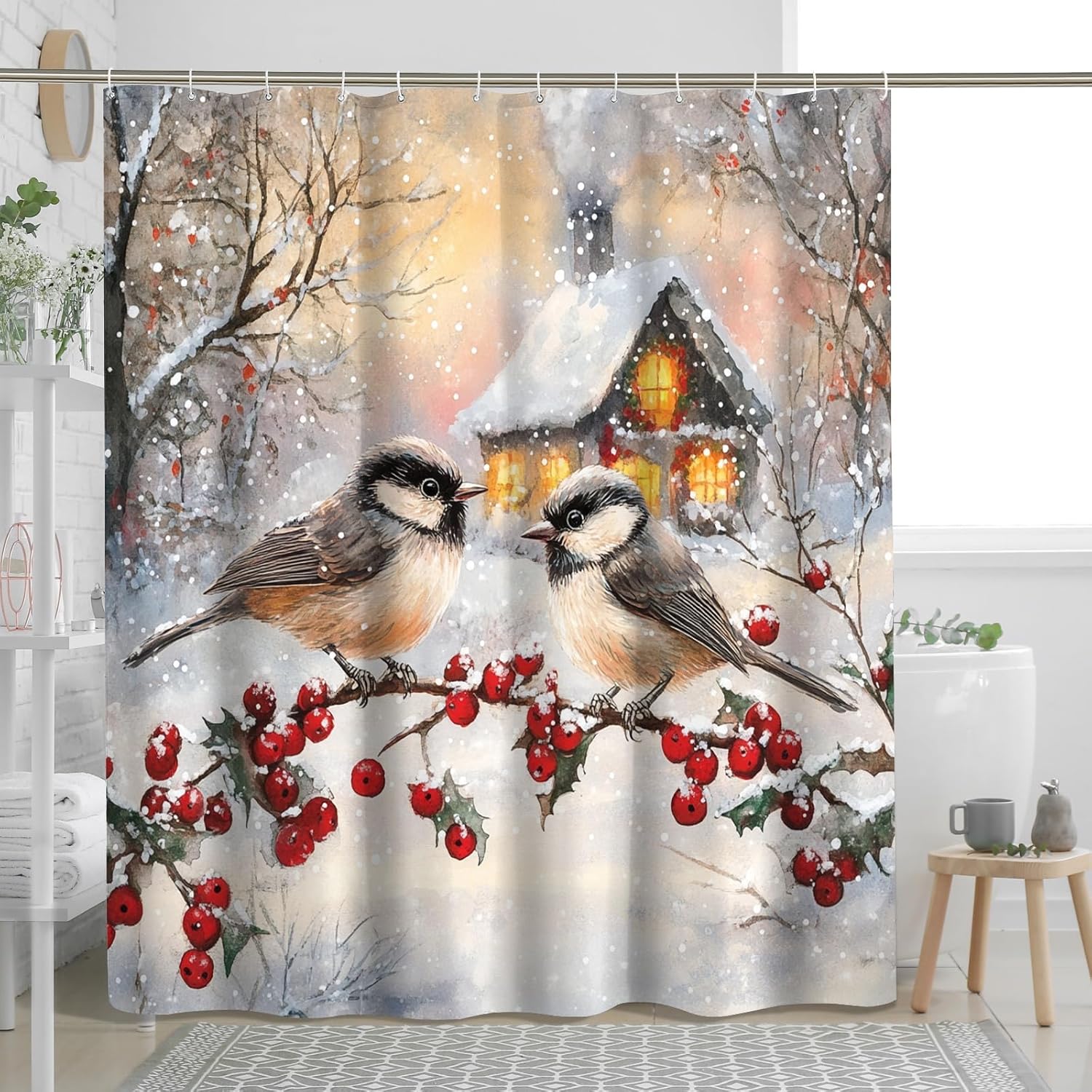 Christmas Chickadees Bird Shower Curtain Set, Vintage Xmas Tree Branch Shower Curtain, Winter Bathroom Decor, Bath Polyester Fabric Decorative 72''x72''