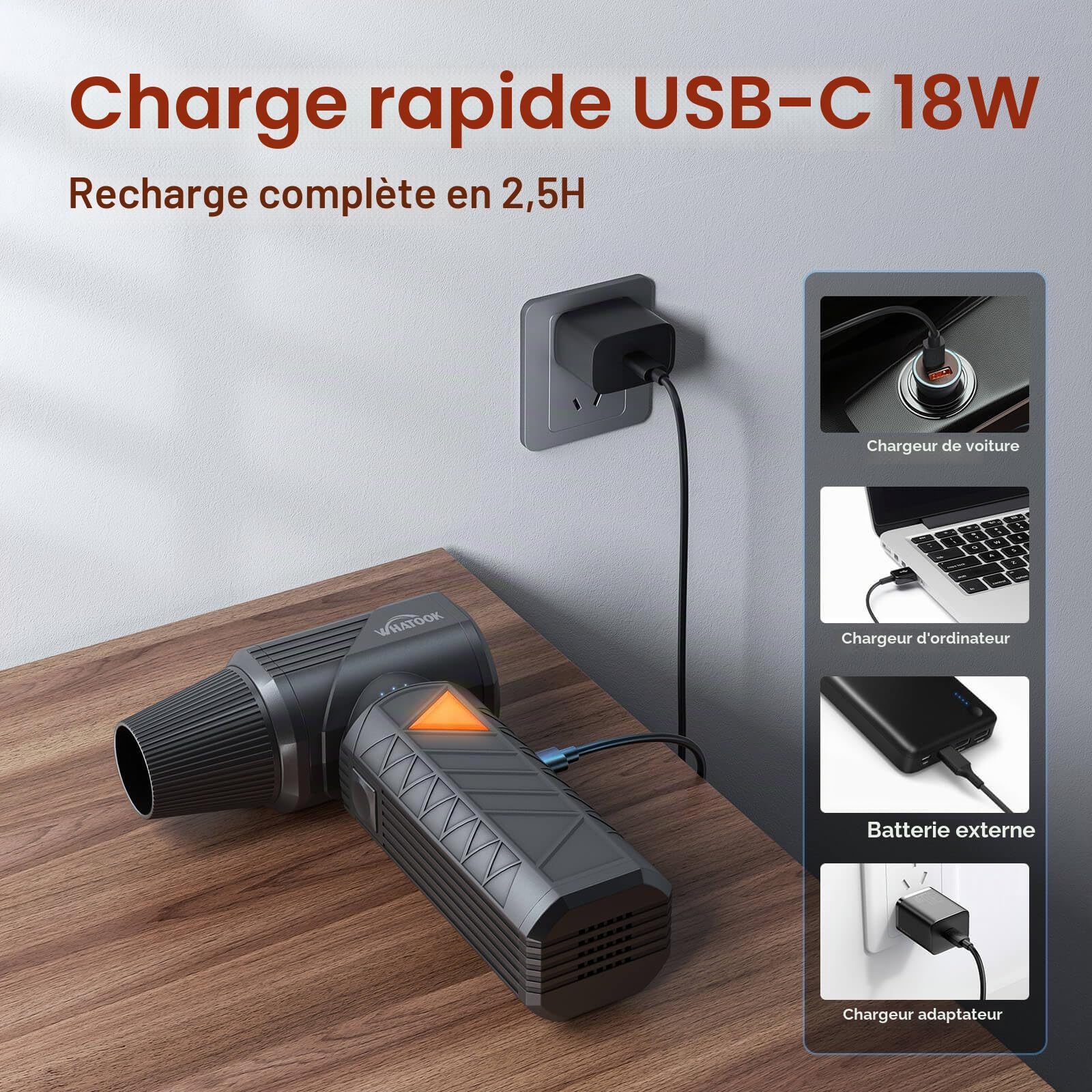 WHATOOK W02 Pro Souffleur Air Comprimé, 400000 TR/Min 100m/s Dépoussiérants Puissants électrique avec Batterie 12000mAh, Mini Souffleur avec Réglage de Puissance 0-100% pour PC, Clavier, Voiture