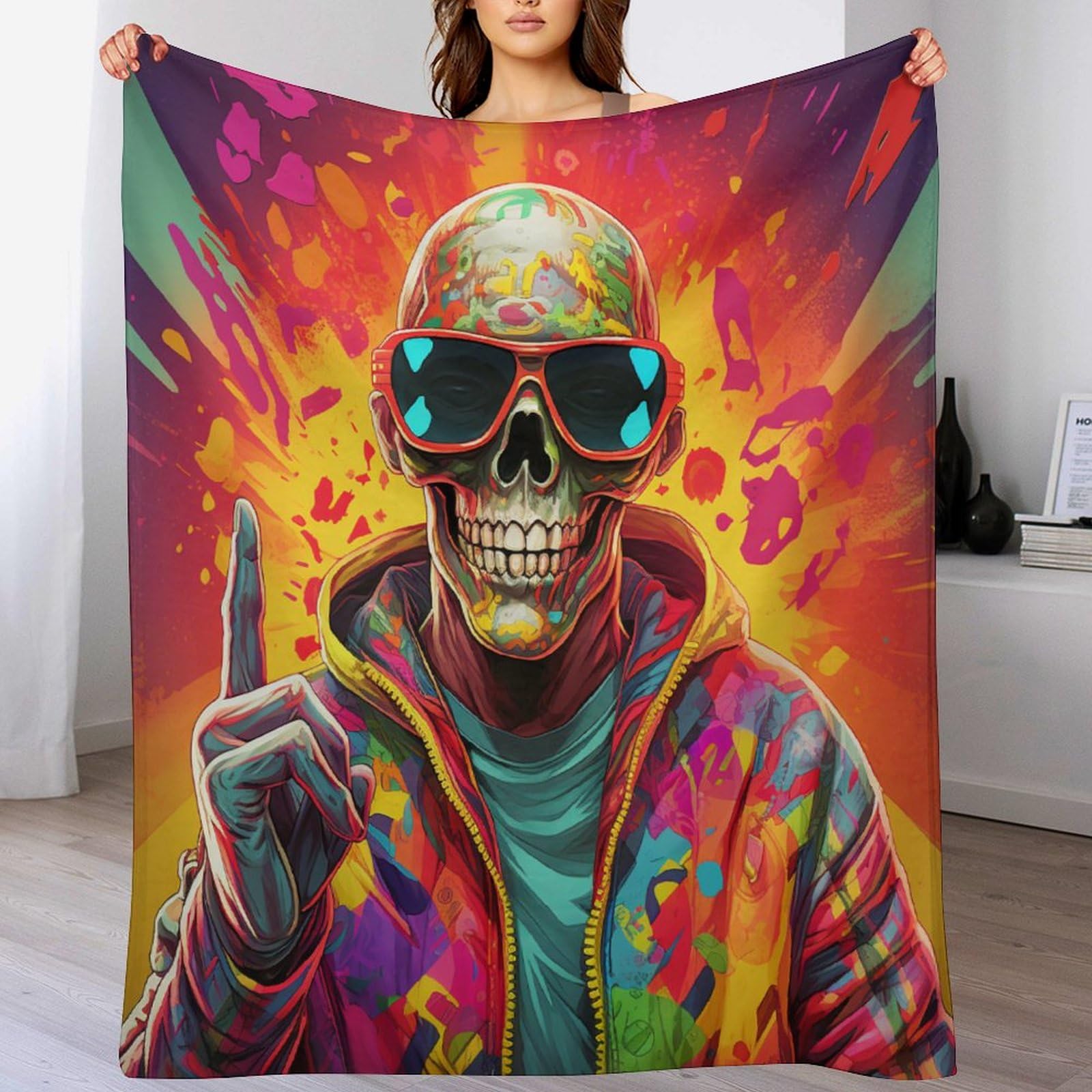 Couverture motif crâne 3D en polaire flannel 130x180cm pour lit et canapé