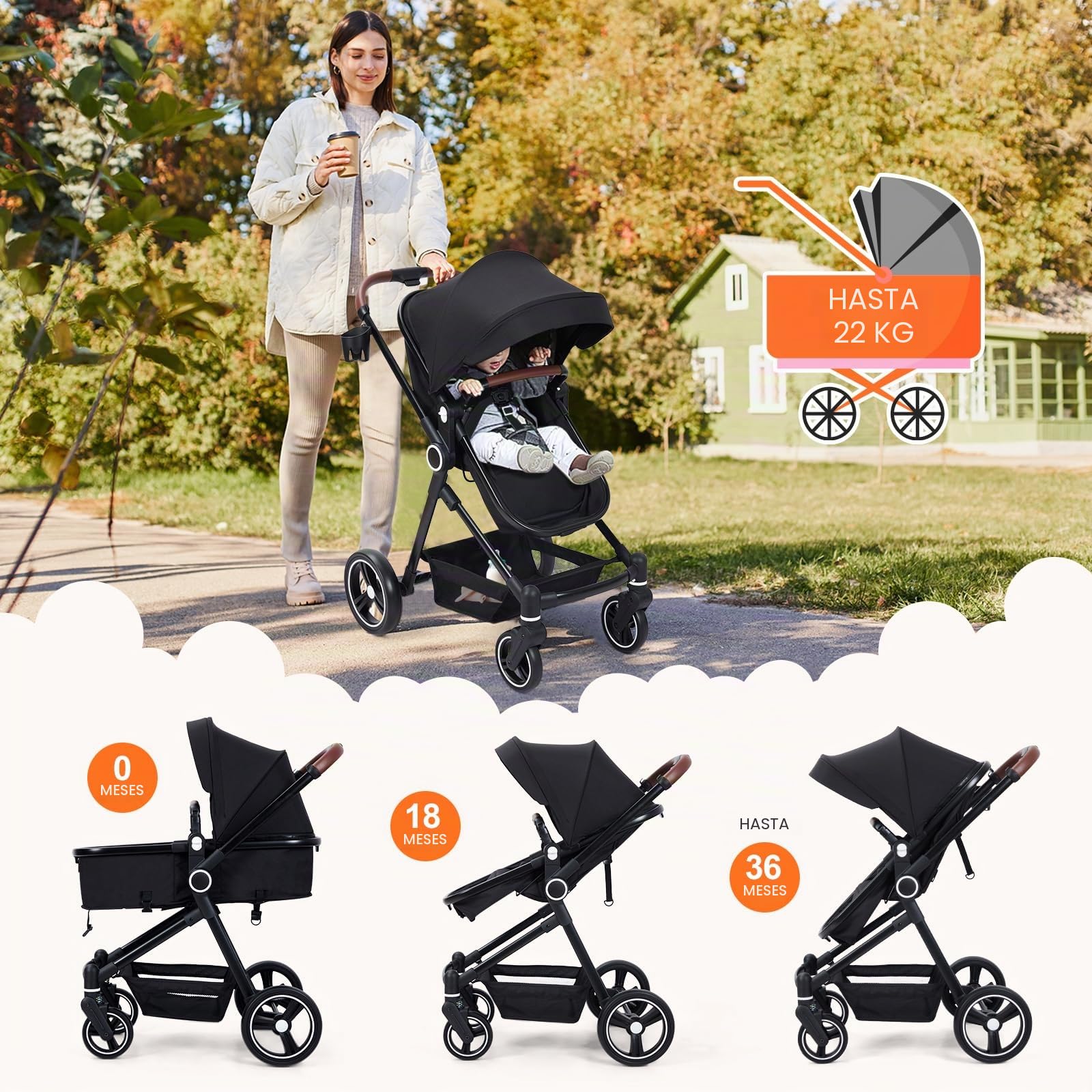 GarveeHome Cochecito De Bebé 2 En 1 Plegable Ligero Con Capazo Reversible y Ruedas Todo Terreno 0-36 Meses Aluminio