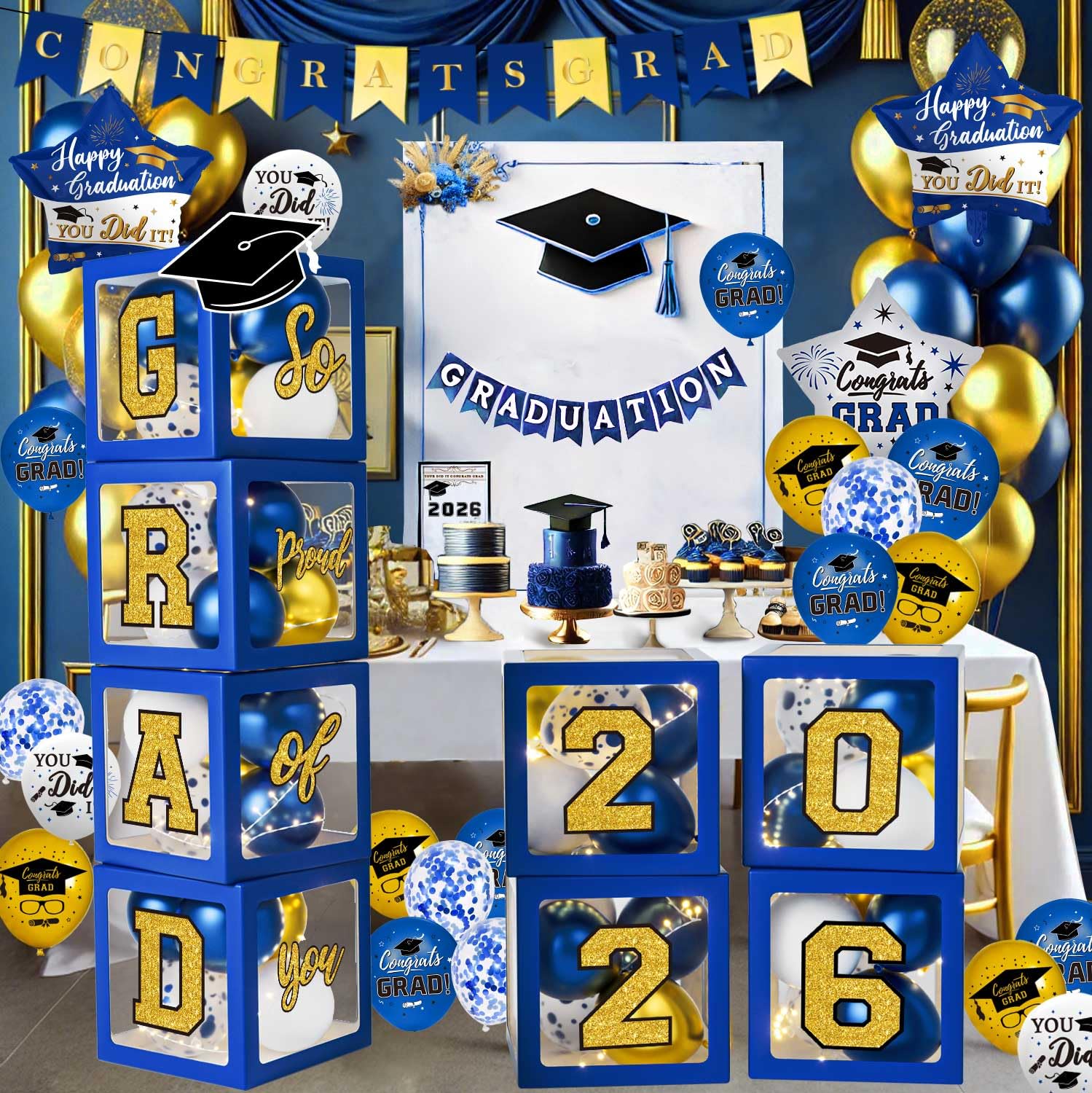 Graduation Decorations Class of 2026 - Blue and Gold Balloons Boxes with Letters 2026 GRAD So Proud of You - Complete Party Supplies for High School &