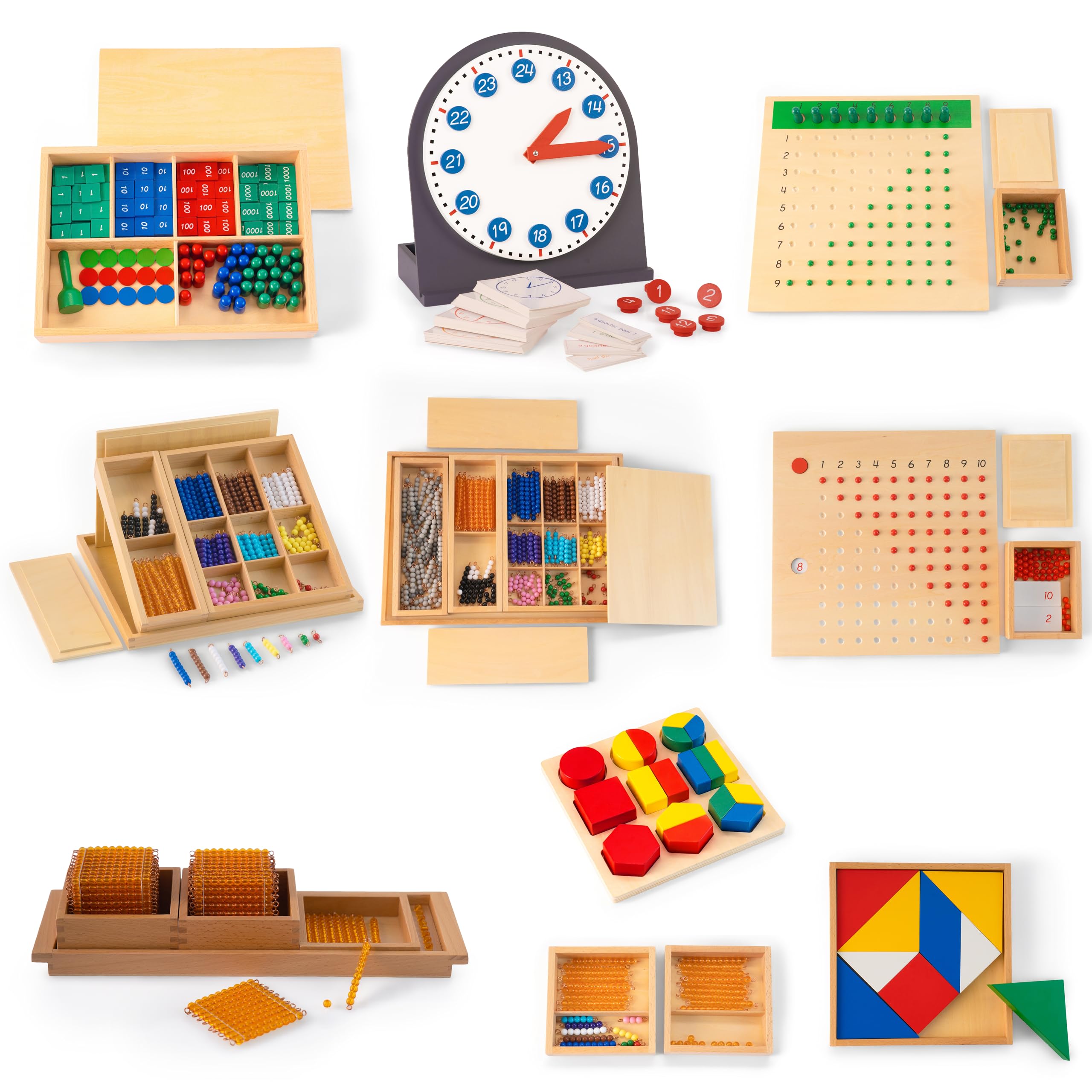Premium Montessori Mathematik-Set 3 – 12-in-1 Komplettset für 3-12 Jahre mit Stempelspiel, Perlenbrettern, Schlangenspielen & Uhr, Mathe-Material für Homeschool & Klassenzimmer (Math Series Kit 3)