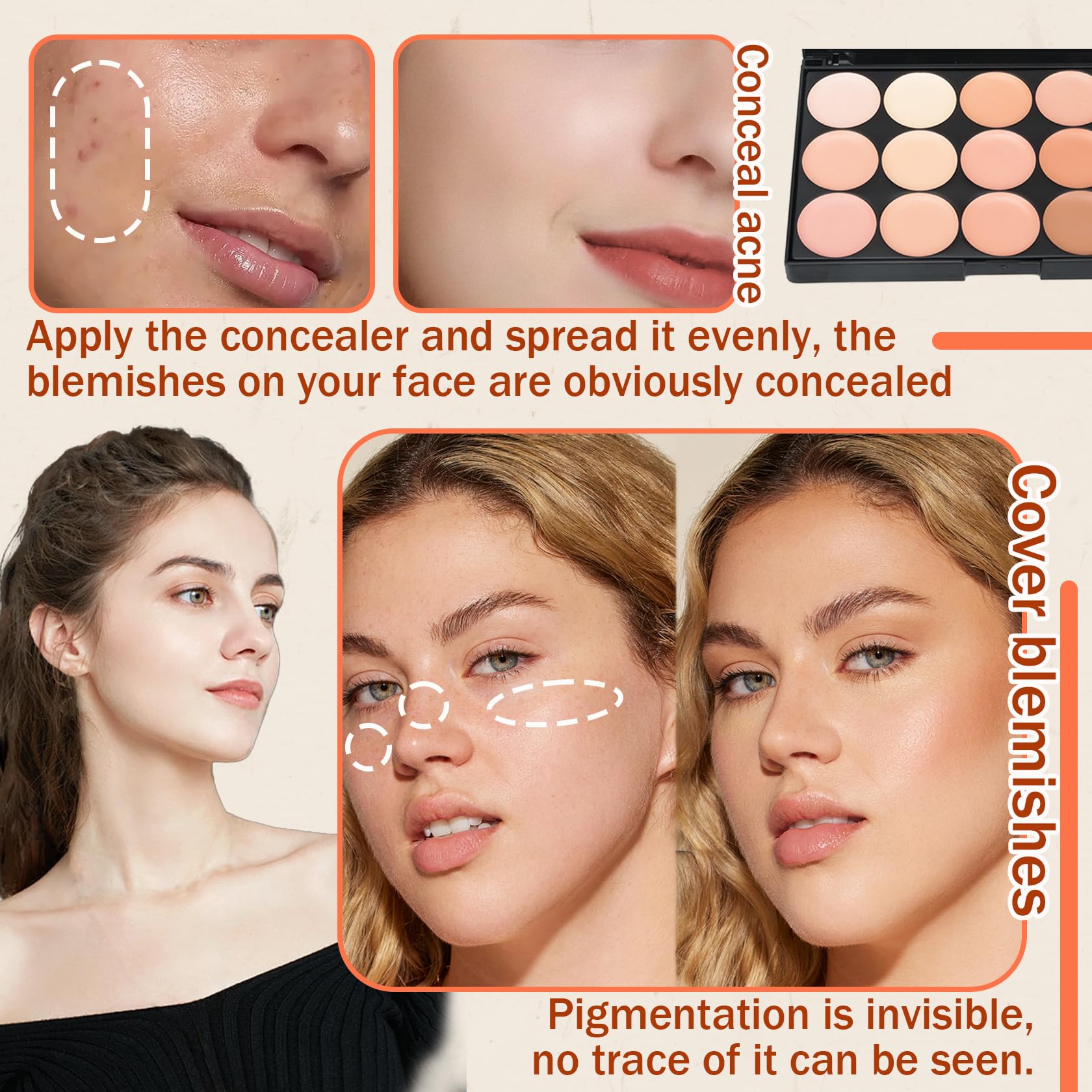 Paleta de corrector de 15 colores con pincel, paletas de corrector de colores de larga duración, crema hidratante de contorno de maquillaje 4