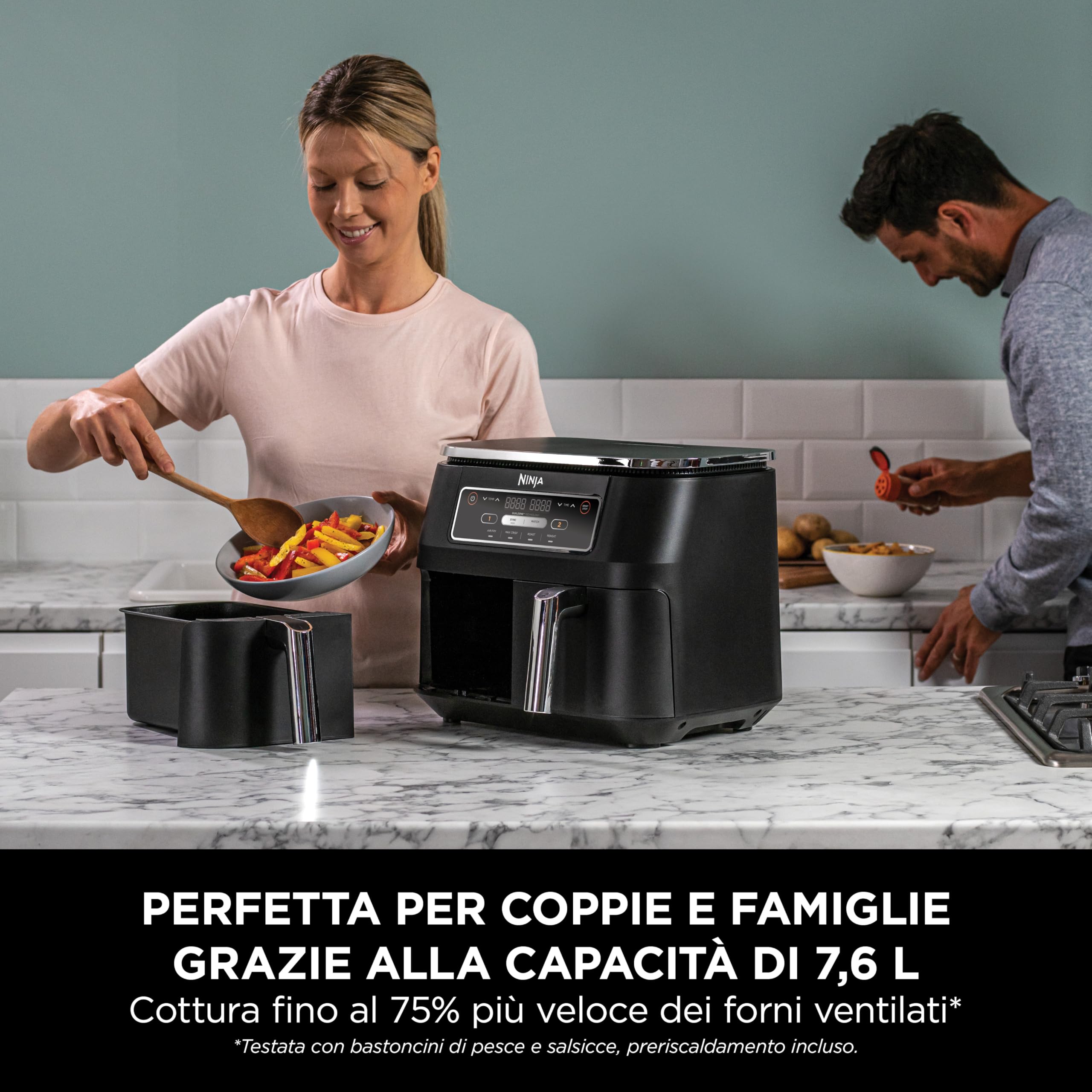 Ninja Foodi Dual Zone, Friggitrice ad Aria, 7,6L, 2 Cassetti, Nero, AF200EU | 4 in 1, 2 Cestelli Antiaderenti, Massima Croccantezza, Cottura Arrosto e Riscaldamento, Lavabile in Lavastoviglie