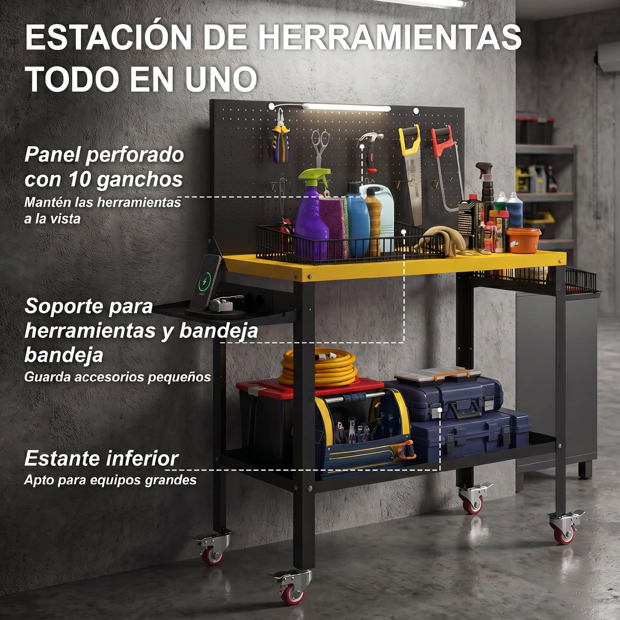 HOMCOM Banco de Trabajo con Panel Perforado y Ruedas, Mesa de Trabajo con Enchufes, USB, Luz LED y Estructura Metálica, Carga 300 kg, Banco para Garaje o Taller, 128x49,5x127,5 cm, Negro y Amarillo