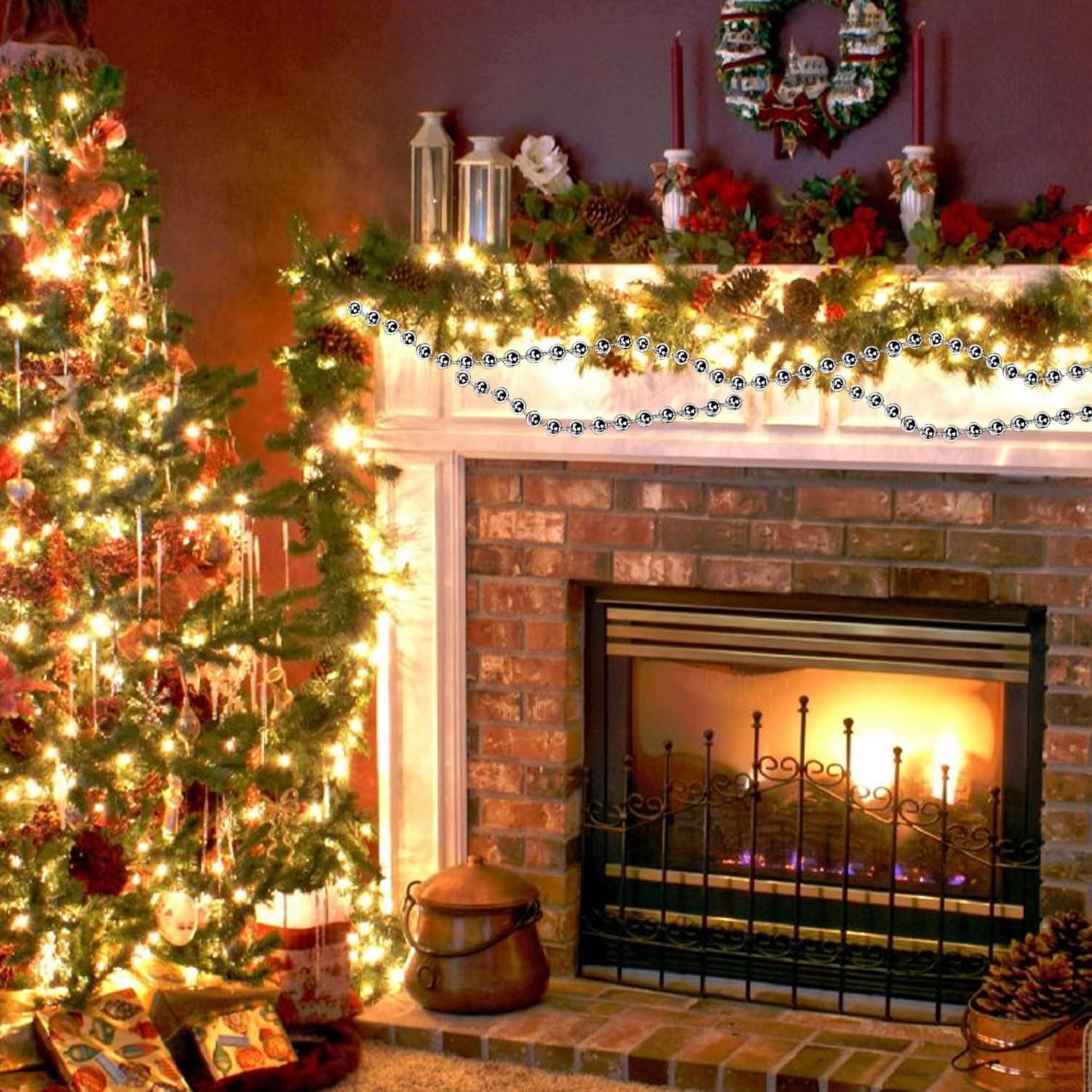 Ghirlanda di perline di Natale, lunghezza 25 metri, con perline sintetiche, catena per albero di Natale, vacanze, matrimoni, decorazioni fai da te (bianco