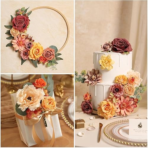 Miniatura 5 de Flores Artificiales de Otoño, Flores Falsas de Seda Naranja para Ramos Nupciales DIY, Flores de Pastel de Boda de Otoño para Centros de Mesa, Baby