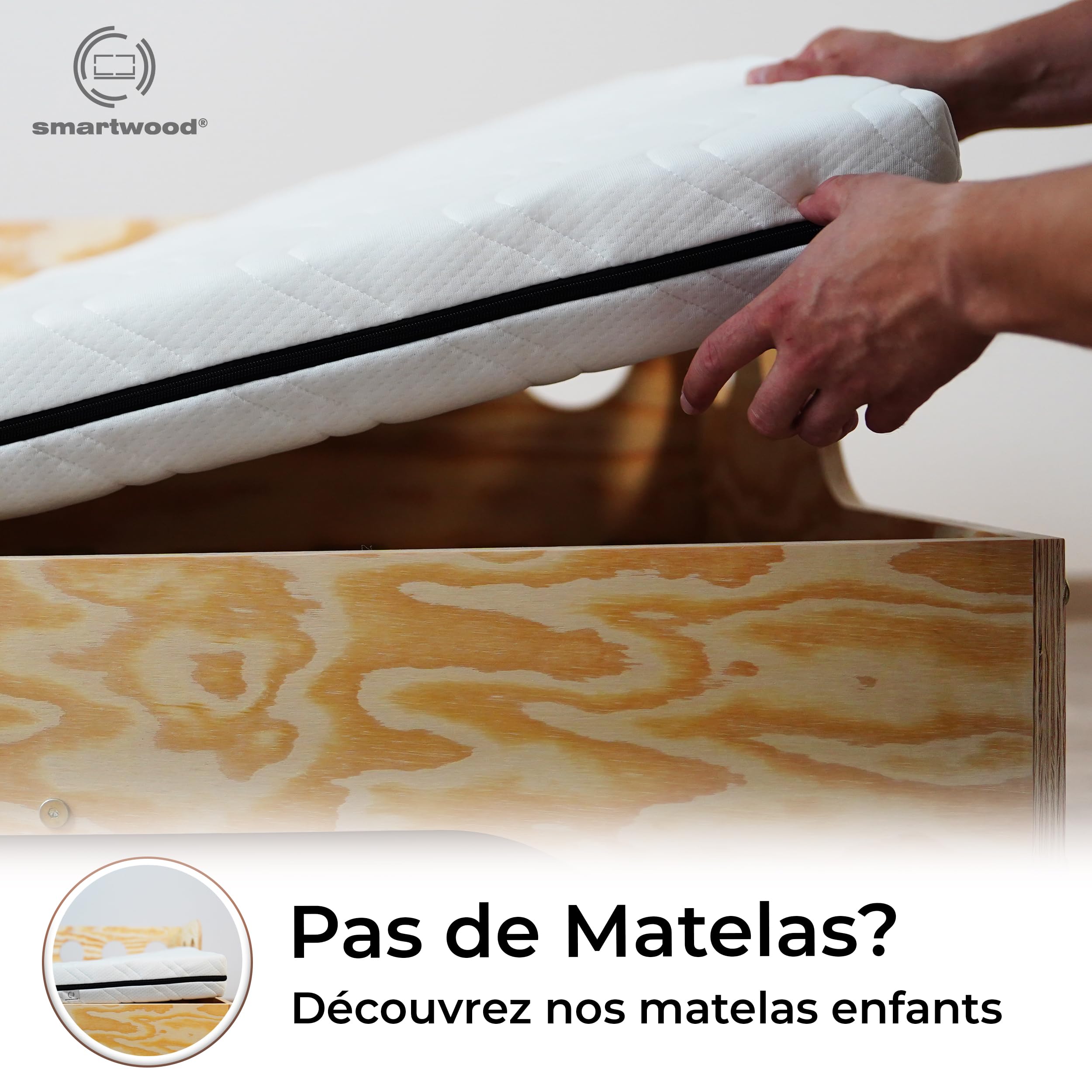 Smartwood Lit Enfant 60x120 avec Sommier Montessori TILA 1L Barrière de Sécurité Bois Naturel Certifié