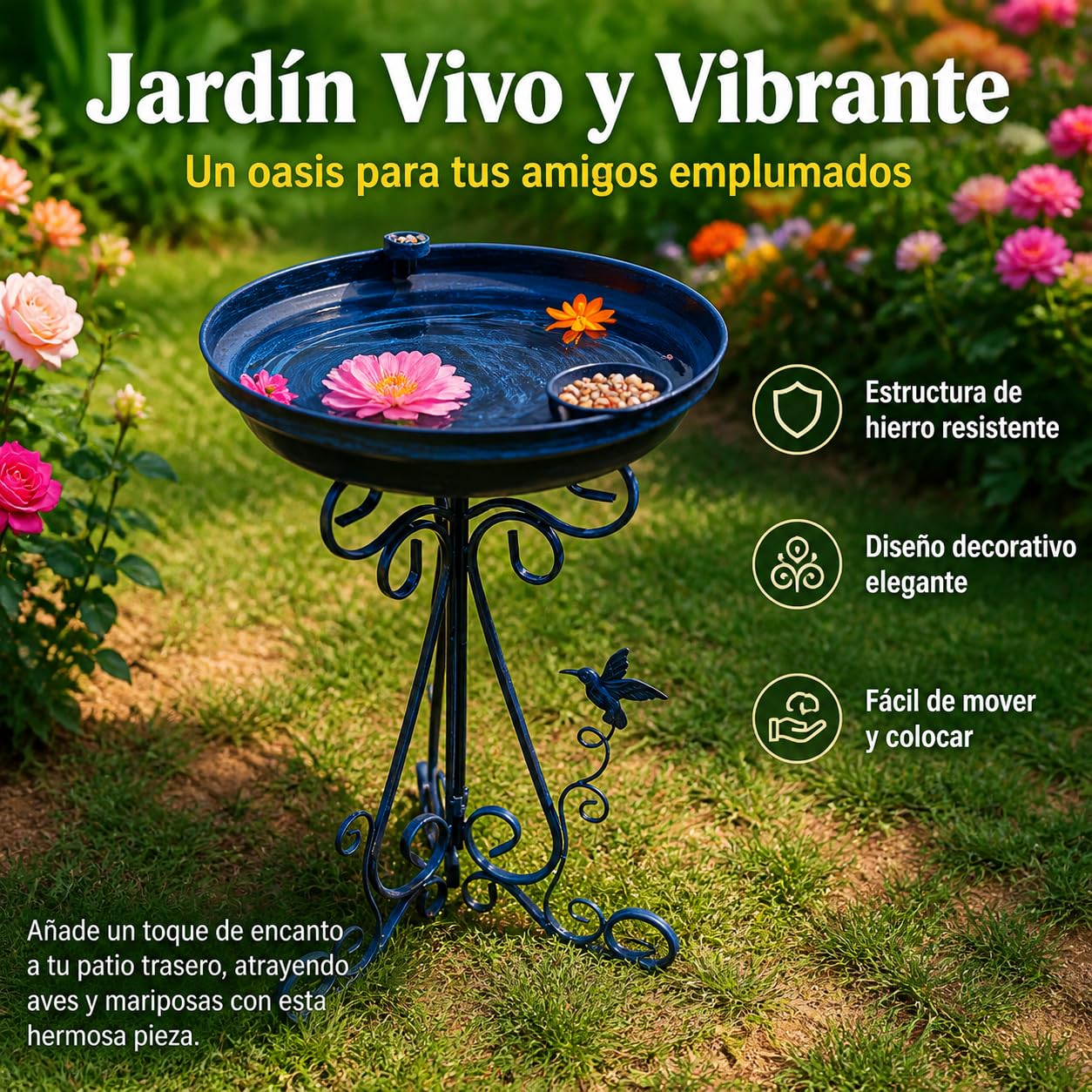 Vogeltränke Gartendeko, Dunkelblaue Metall Vogeltränke mit Ständer, 1000ml Vogelbad für Wildvögel, 45cm Ornate Gartenstecker Stehend