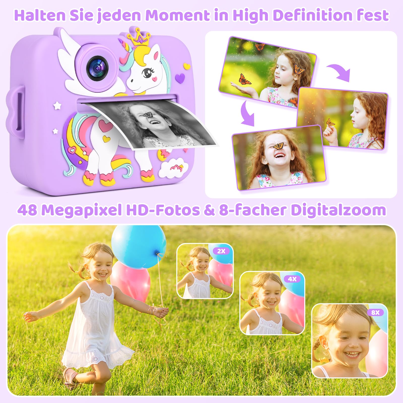 GuKKK 1080p aparat dziecięcy, aparat cyfrowy z ekranem 2,4", dla dzieci, z kartą 32 GB, 13 rolek papieru do drukowania, 5 kolorowych długopisów, prezent (Fioletowy)