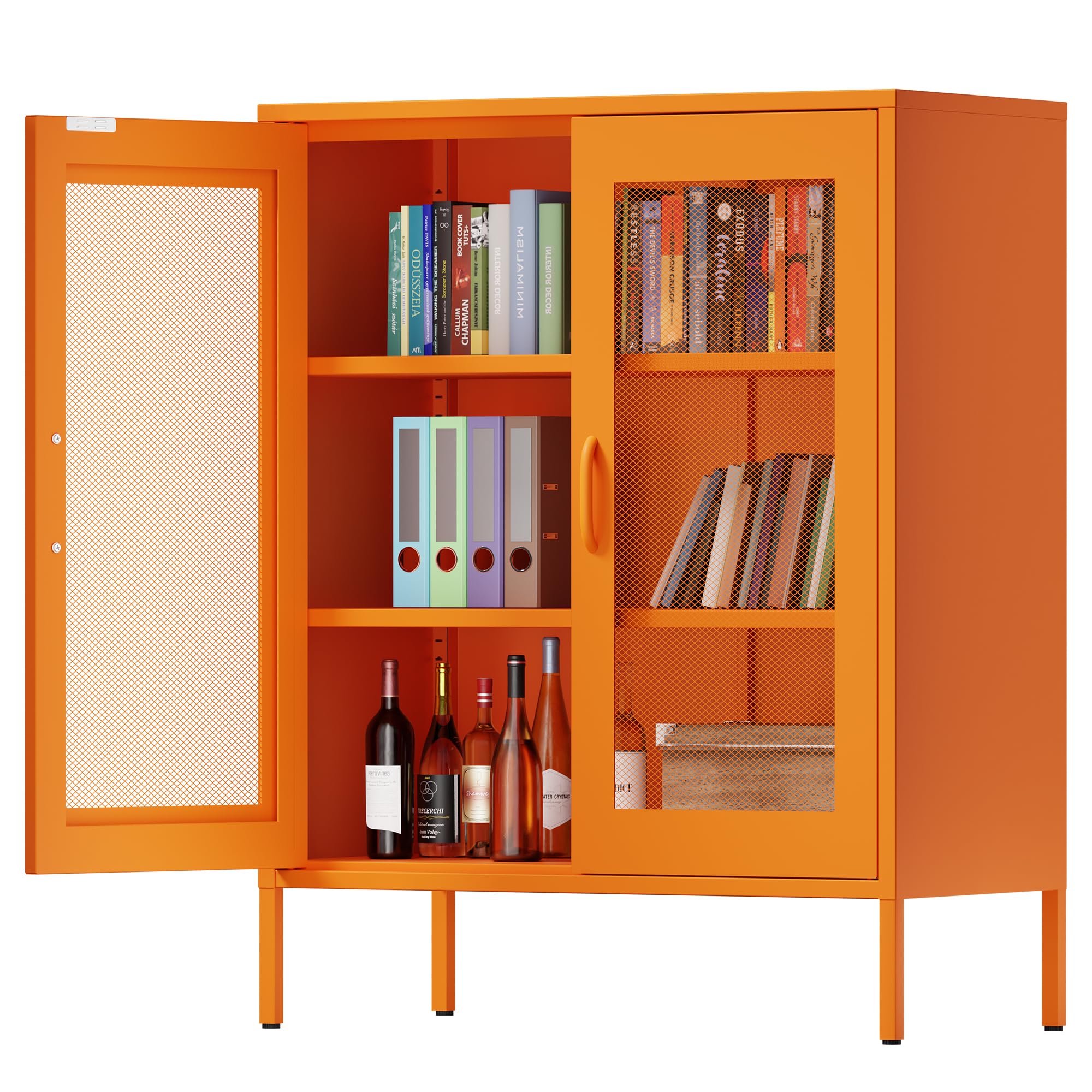 Ustamio Orange Metal Storage Cabinet with Mesh Doors, Small Office Cabinet with 2 Adjustable Shelves, Accent Metal Locker Storage Cabinet for Home,