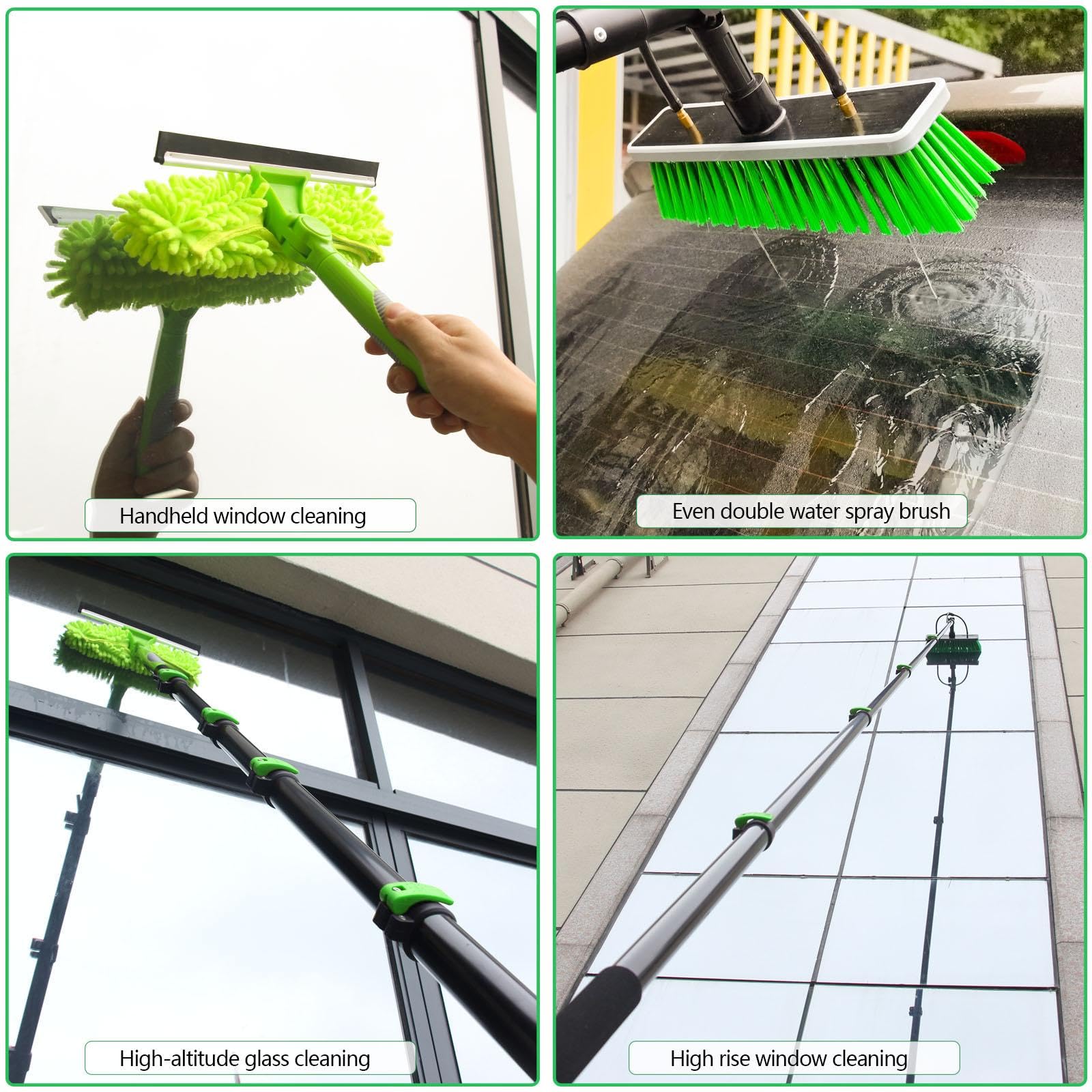 Cepillo para Limpiar Ventanas con Mango telescópico y rociador de Agua, Cepillo para Limpiar Paneles solares, Incluye raspador y dispensador de jabón, Cabezal de Cepillo de 30 cm, Longitud d