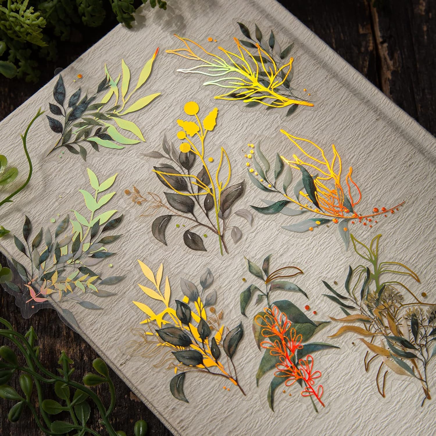 Dizdkizd Juego de calcomanías holográficas de flores y hojas, 240 calcomanías botánicas doradas para álbumes de recortes, pequeñas calcomanías florales transparentes para diario, planificador, álbum
