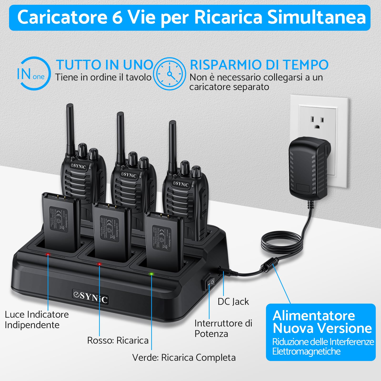 ESYNiC 6 Pezzi Walkie Talkie Radio USB Ricaricabile PMR 446MHz VOX Ricetrasmittente Portatile 16 Canali Singola Banda Walkie-Talkie Professionali con Cavo Auricolari Funzione Torcia Elettrica