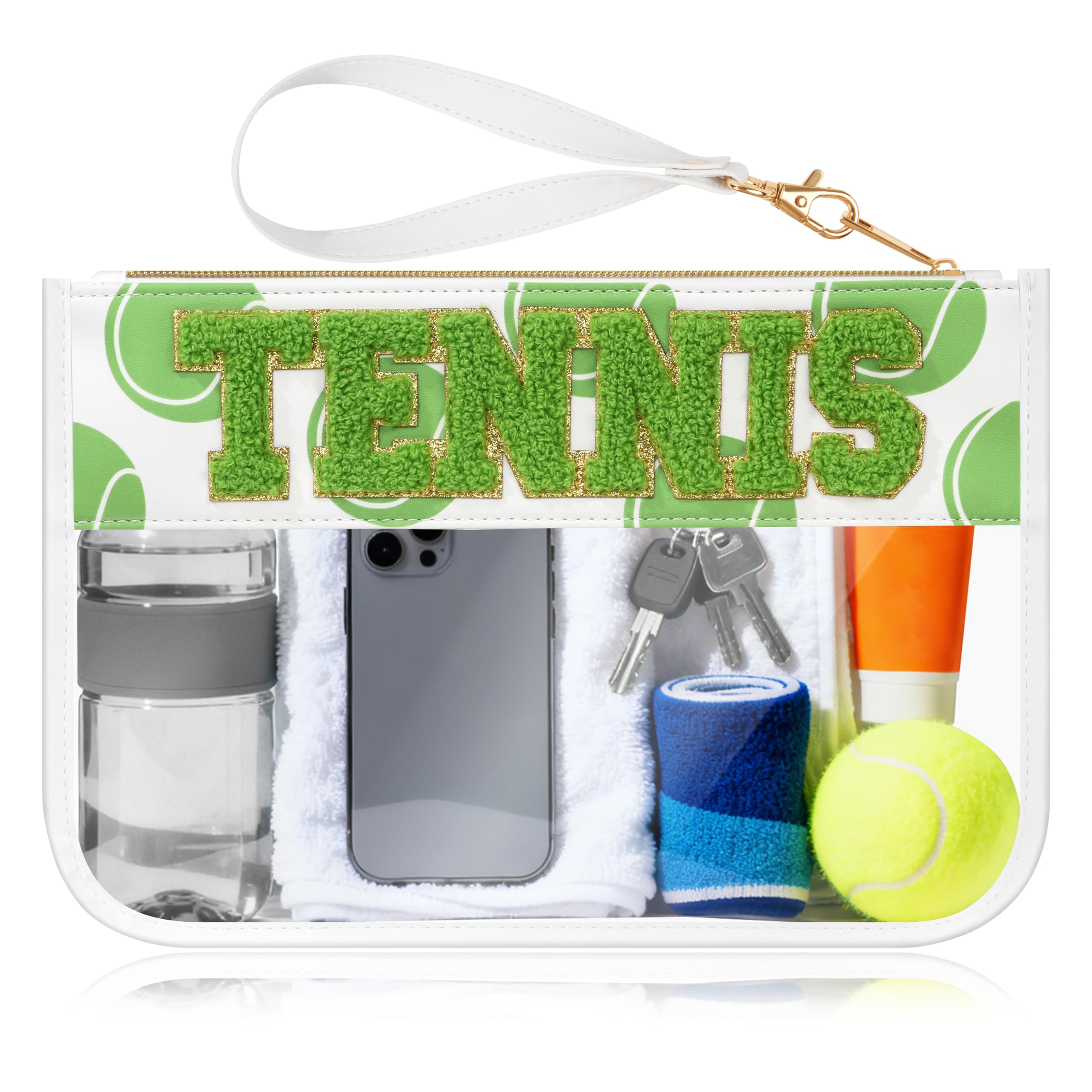 Tennis Gifts Makeup Bag with Chenille Letter Patch, Clear Cosmetic Pouch PVC Organizer Purse, Waterproof Travel Bag, Portable Toiletry Storage Bag for Her Friends