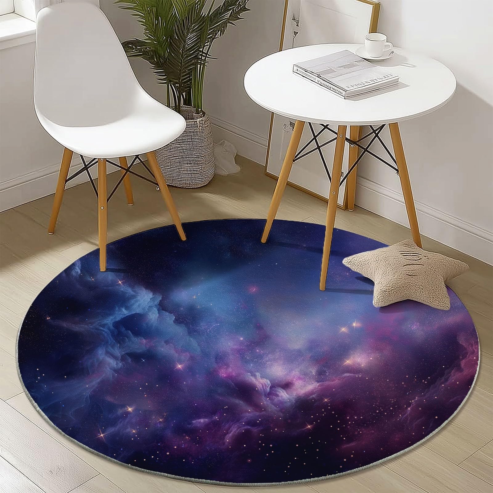 Genérico Alfombra Redonda para habitación Infantil Patrón del Universo Galáctico, Estilo Natural Alfombra Antideslizante Suave y esponjosa para Sala de Estar, Dormitorio, Comedor, 120 cm, Azul Morado