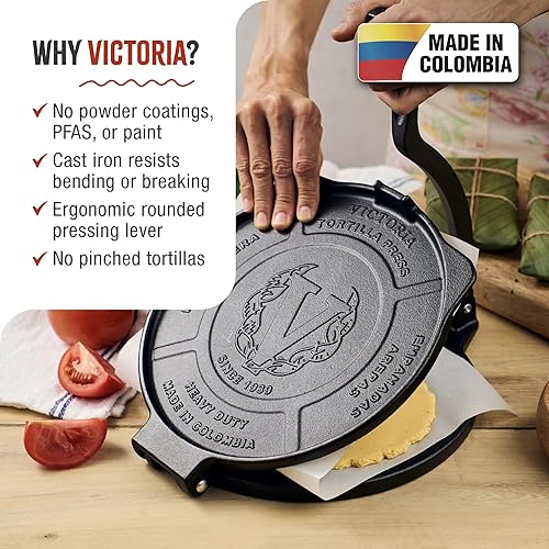 Miniatura 2 de Victoria - Prensa para tortilla de hierro fundido, máquina para hacer tortillas de harina, masa y rotis, pataconera sazonada con aceite de linaza