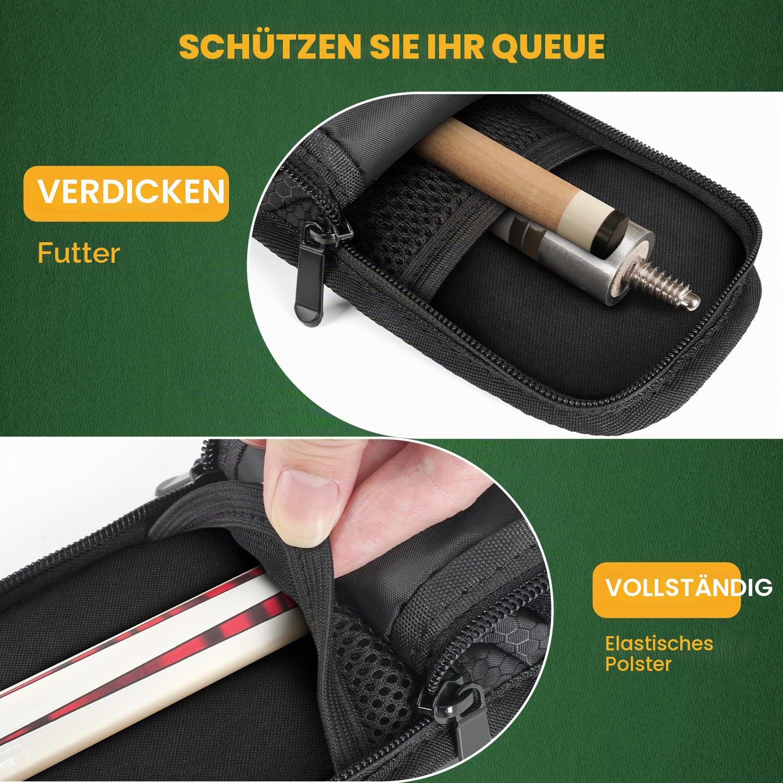 PEKREWS Billard Queue Tasche, Pool Cue Bag 1×1 für 1 Unterteil und 1 Schaft mit Reißverschlusstasche, Schultergurt und Tragegriff, Weiche Tragetasche für 1/2 Billard Stick für Damen und Herren