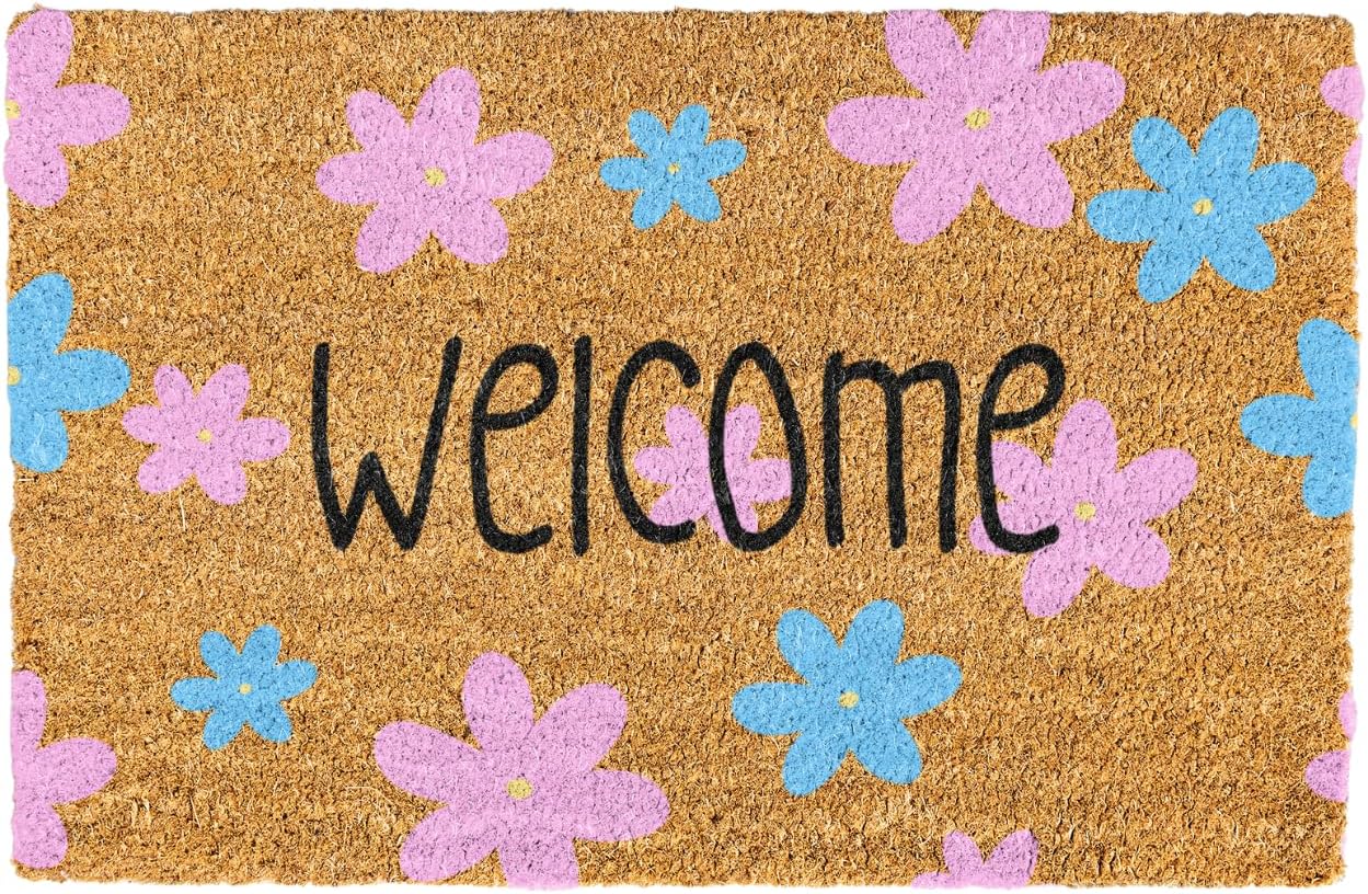 Generic Floral Welcome Mats - Pink & Blue - Flower Outdoor Door mat - Colorful Spring Door Mat Indoor Entrance Cute Decorative Outdoor Doormats Non Slip Outside Door Mats for Front Door Rugs