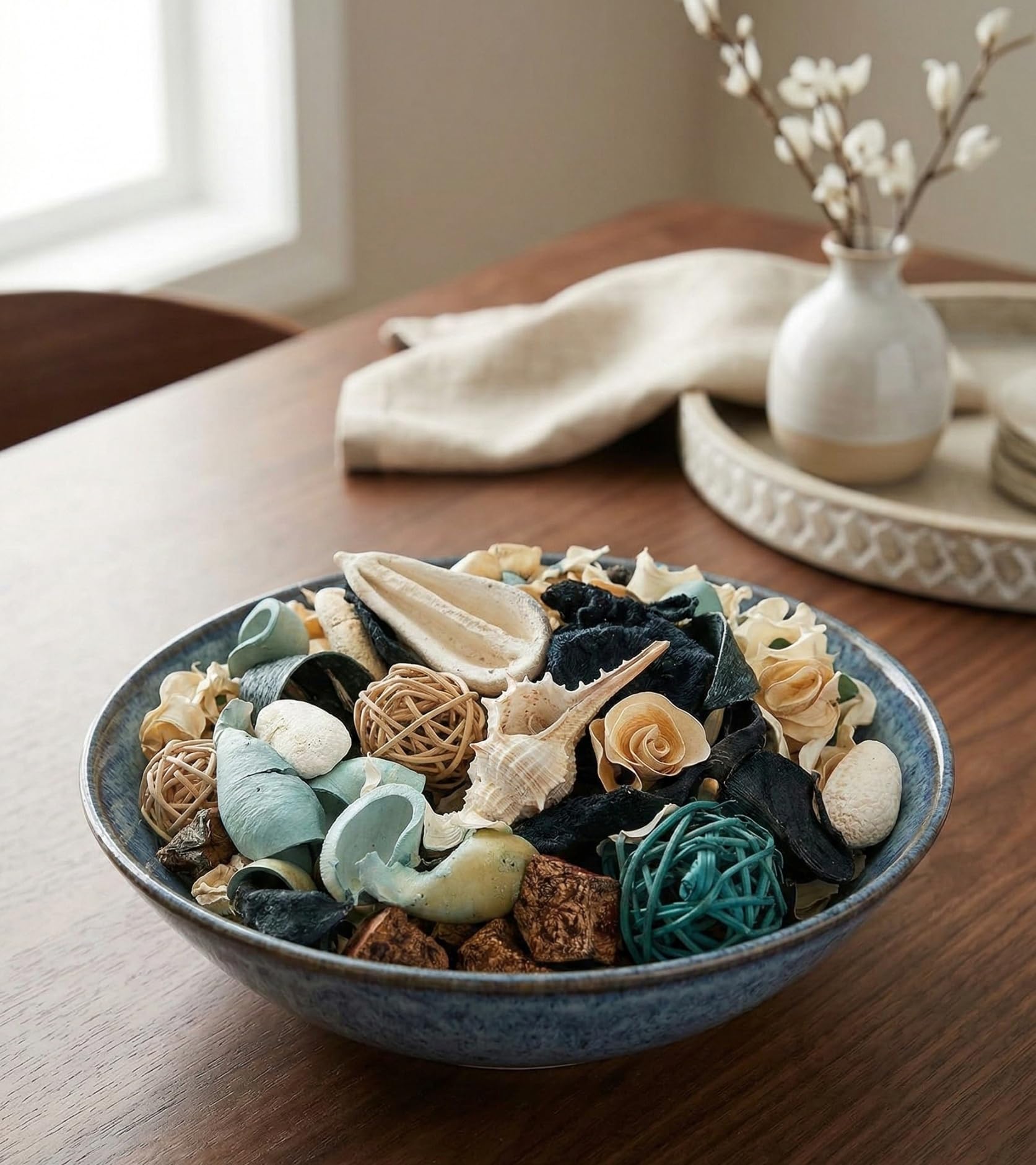 Potpourri Bag Ocean Breeze Duft, groß, dekorativer Schüsselfüller, blau, getrocknet, botanische Mischung mit Küstenmuschel, natürlicher Pod, Deko-Kugel, Raumduft, Vase und Tafelaufsatz