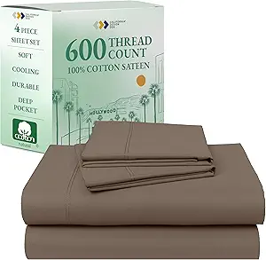 California Design Den 600 Thread Count Sheets King, 100% Cotton Sheet, Sateen, King Size Bed Sheets, Soft, Cooling, Hotel-Quality Bedding with Deep Pockets (Mushroom - Taupe Brown)