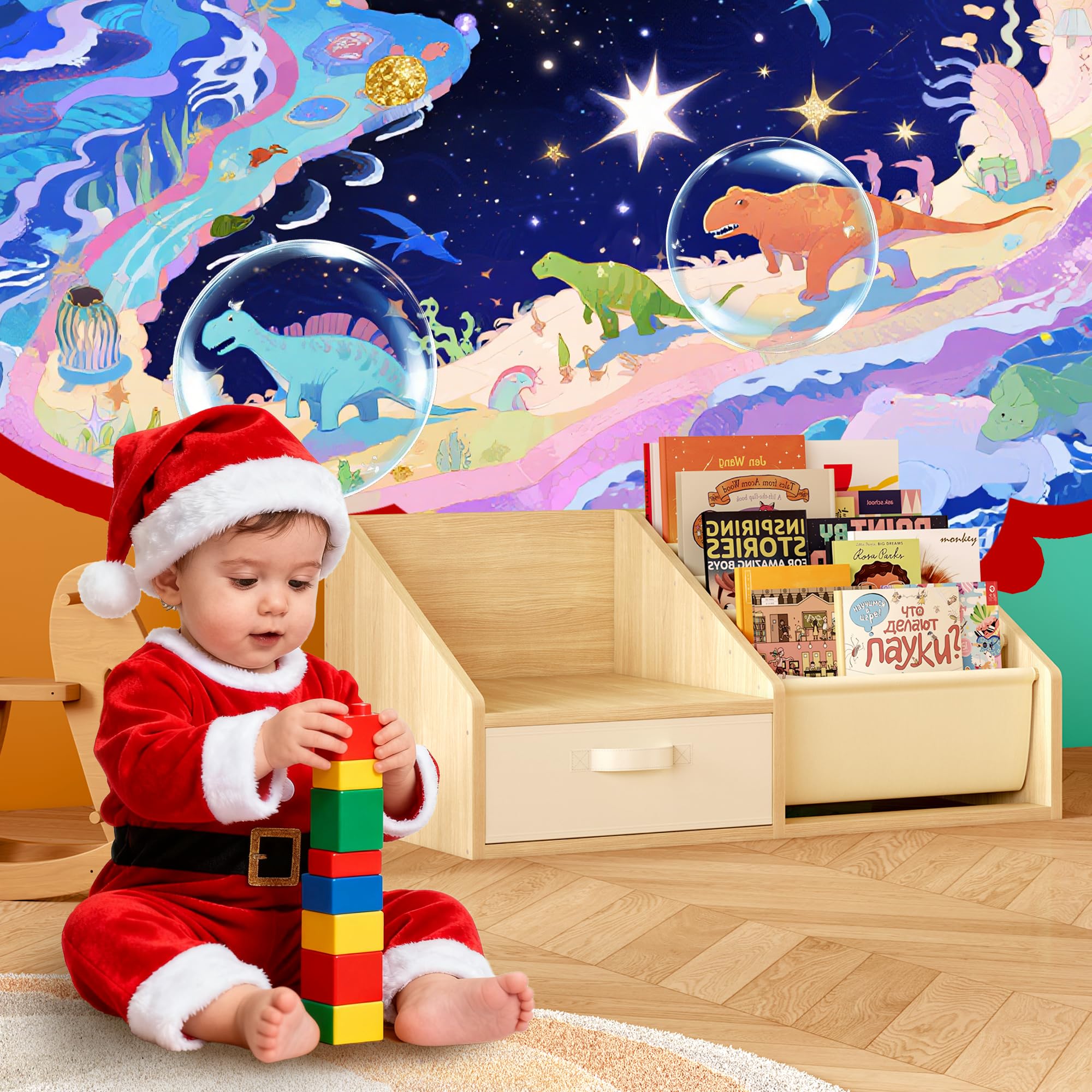 Kid Bookcase with Drawer - Book Nook for Kids Book Shelf Bench,Corner Bookshelf for Toddlers Storage Organizer for Bedroom Nursery