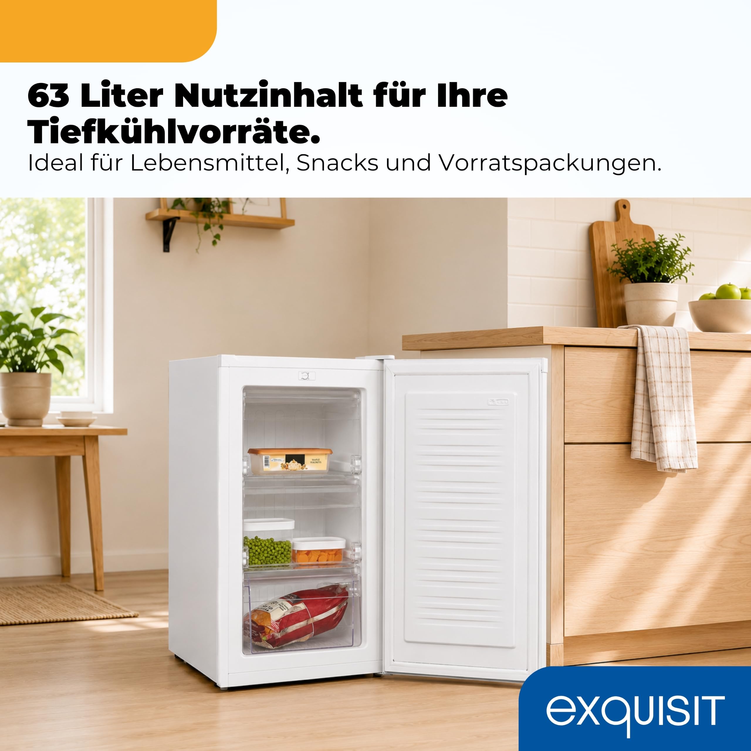 Exquisit GS5111-330E Gefrierschrank - 63 l Gefrierer Weiß - Kompakt | E-Klasse Mini-Gefrierschrank - 4-Sterne-Gefrieren - 39 dB Leise - Wechselbarer Türanschlag für Single-Haushalt