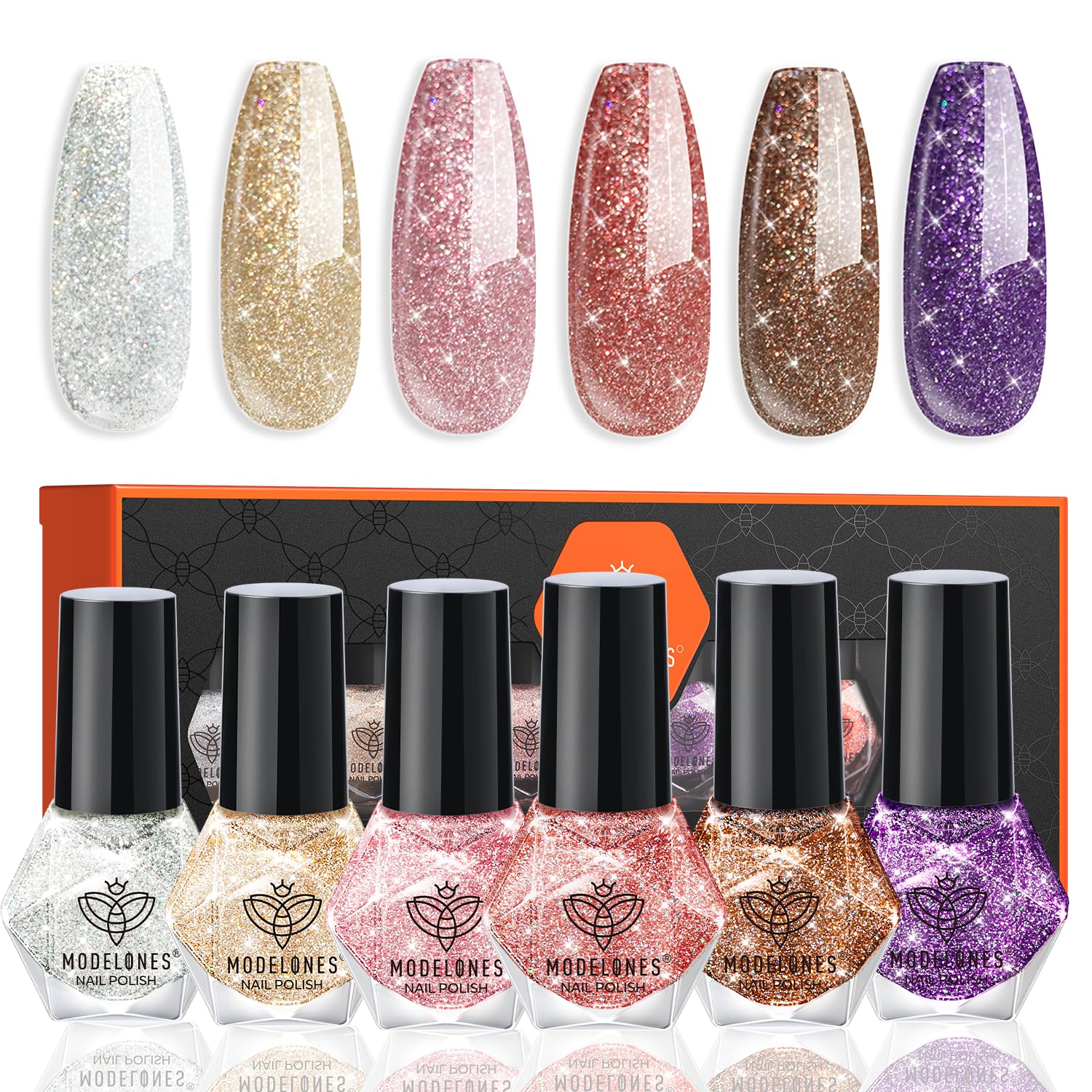 modelones Nail Polish Set 6 Colors Red Nude Gold Glitter Min Nail Polish Set Quick Dry Diamond Silver Sparkle Winter Nail ...