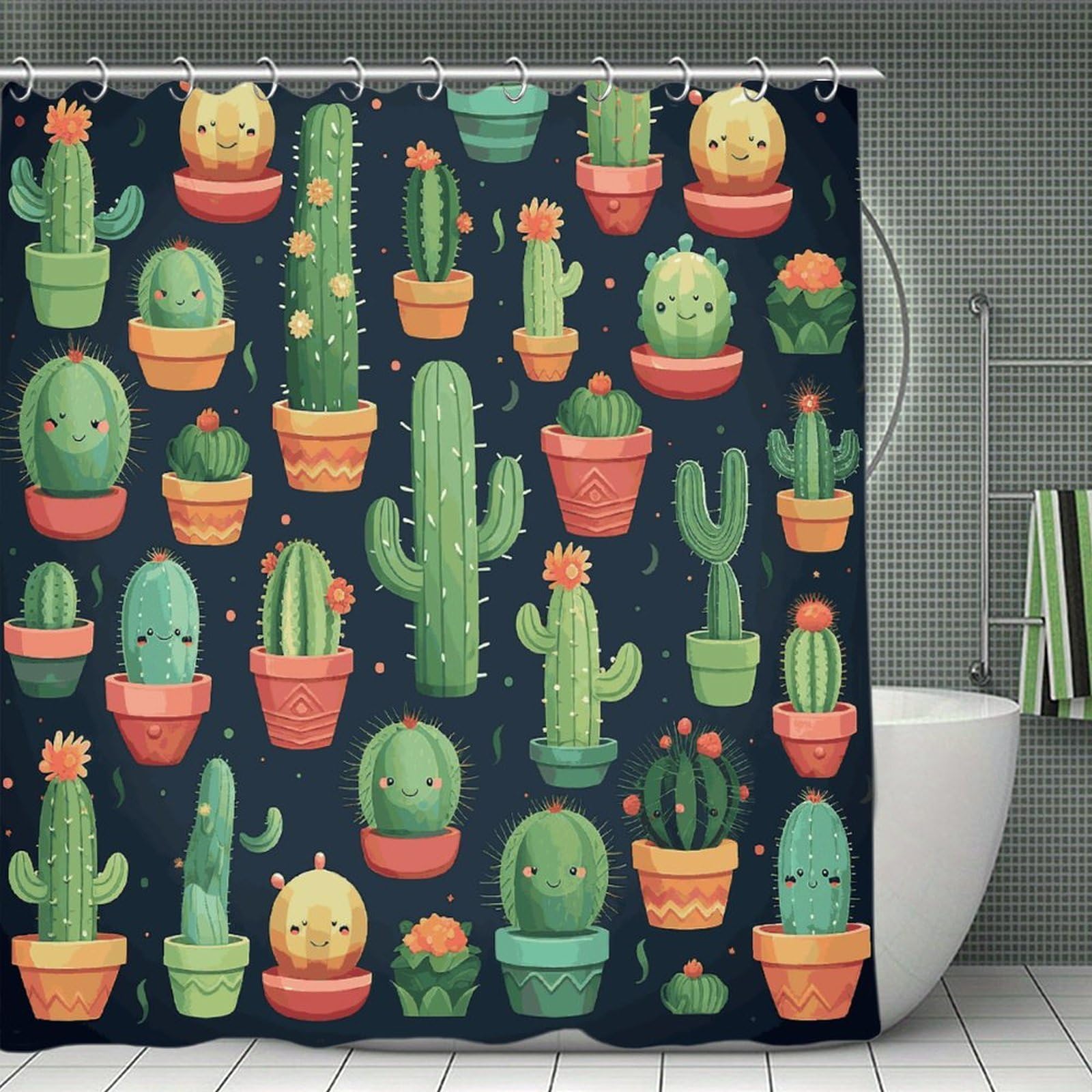 Cute Cactus Seamless Illustration Shower Curtain with Hooks Modern Farmhouse Bathroom Curtain Waterproof Cloth Bath Curtains Cute Washable Blackout Privacy Curtains for Bathroom Bathtub 70.8"x70.8"