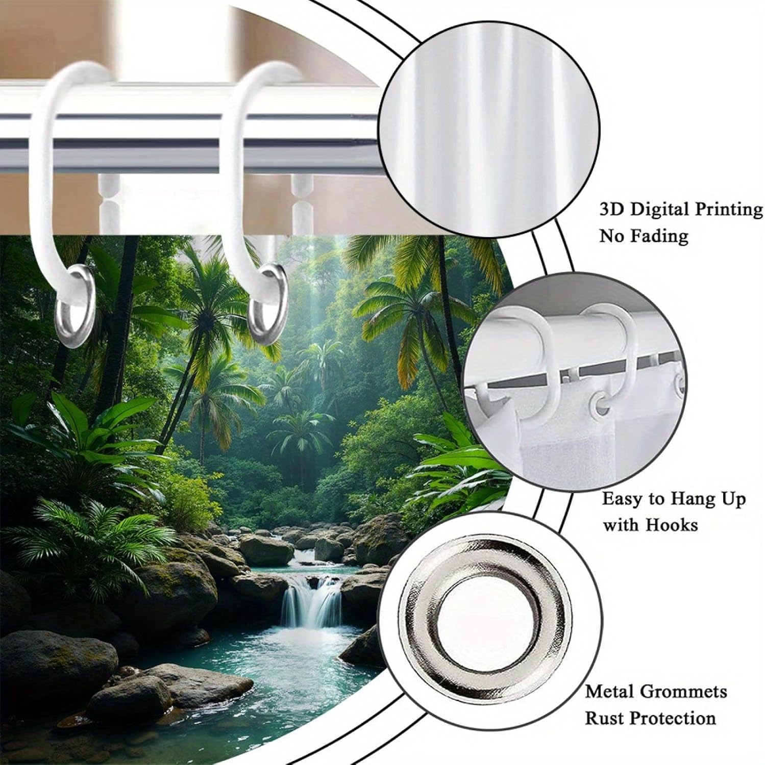 1pc Tropical Waterfall Shower Curtain, Cascading Water Over Moss Serene Jungle Bathroom Decor Polyester Fabric Shower Curtain 84x72in-213x183cm/WxH