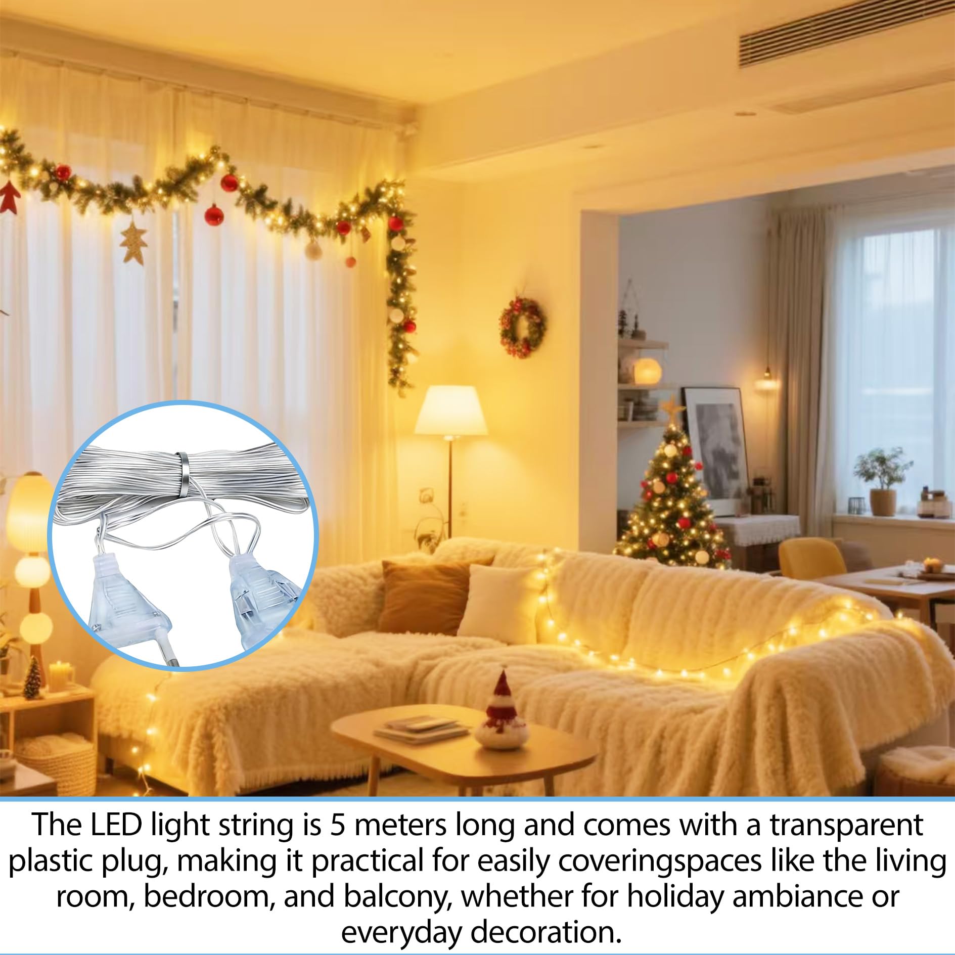 Lote de 2 Cables de Extensión Transparentes, Alargador Eléctrico Plano de 5 Metros con Enchufe Europeo para Luces LED, Decoración Navideña, Iluminación y Pequeños Electrodomésticos, 220V — view 5