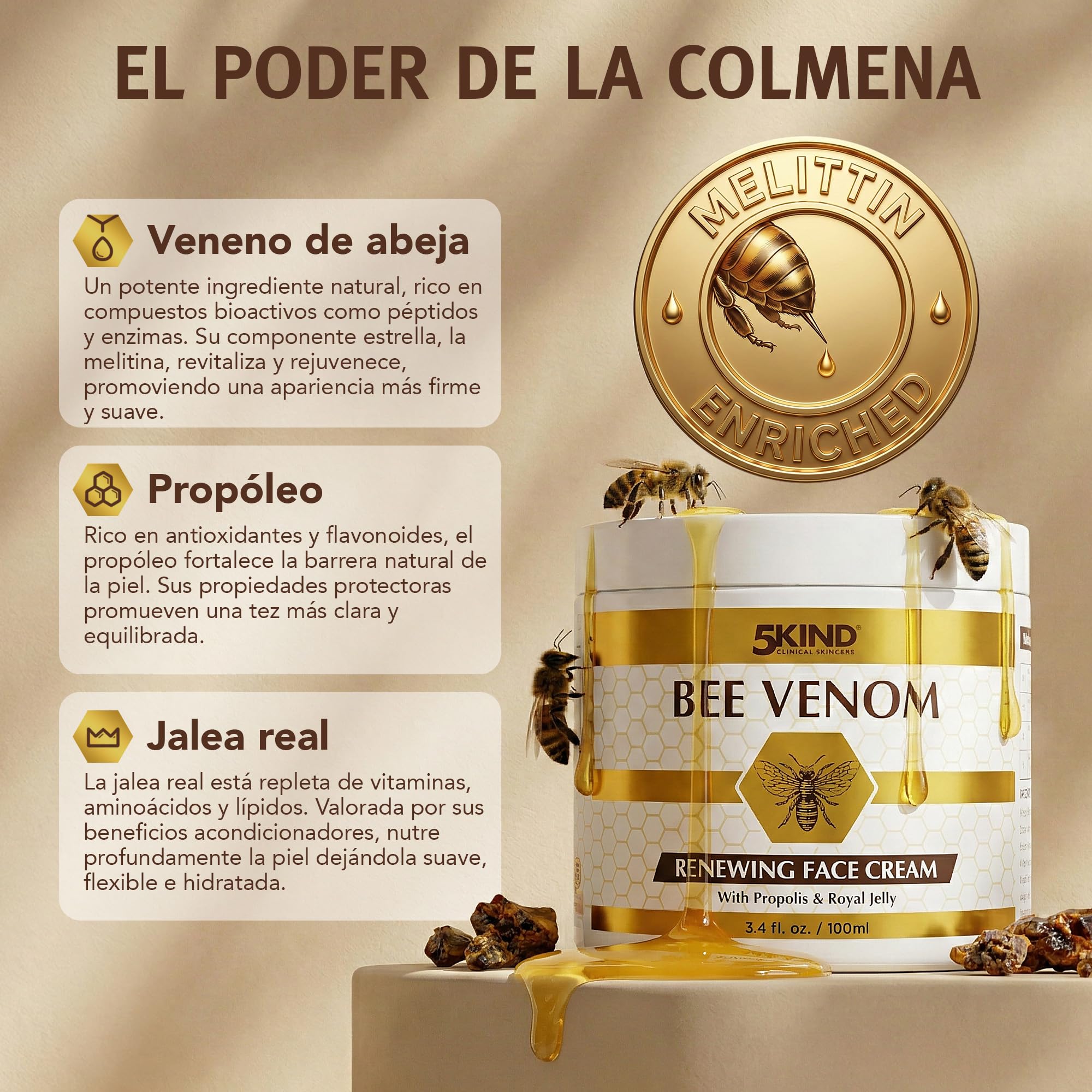 5Kind Crema Facial Renovadora con Veneno de Abeja, Propóleo y Jalea Real 100 ml - Crema Facial Antienvejecimiento con Veneno de Abeja - Crema Antiarrugas con Veneno de Abeja - Bee Venom Cream