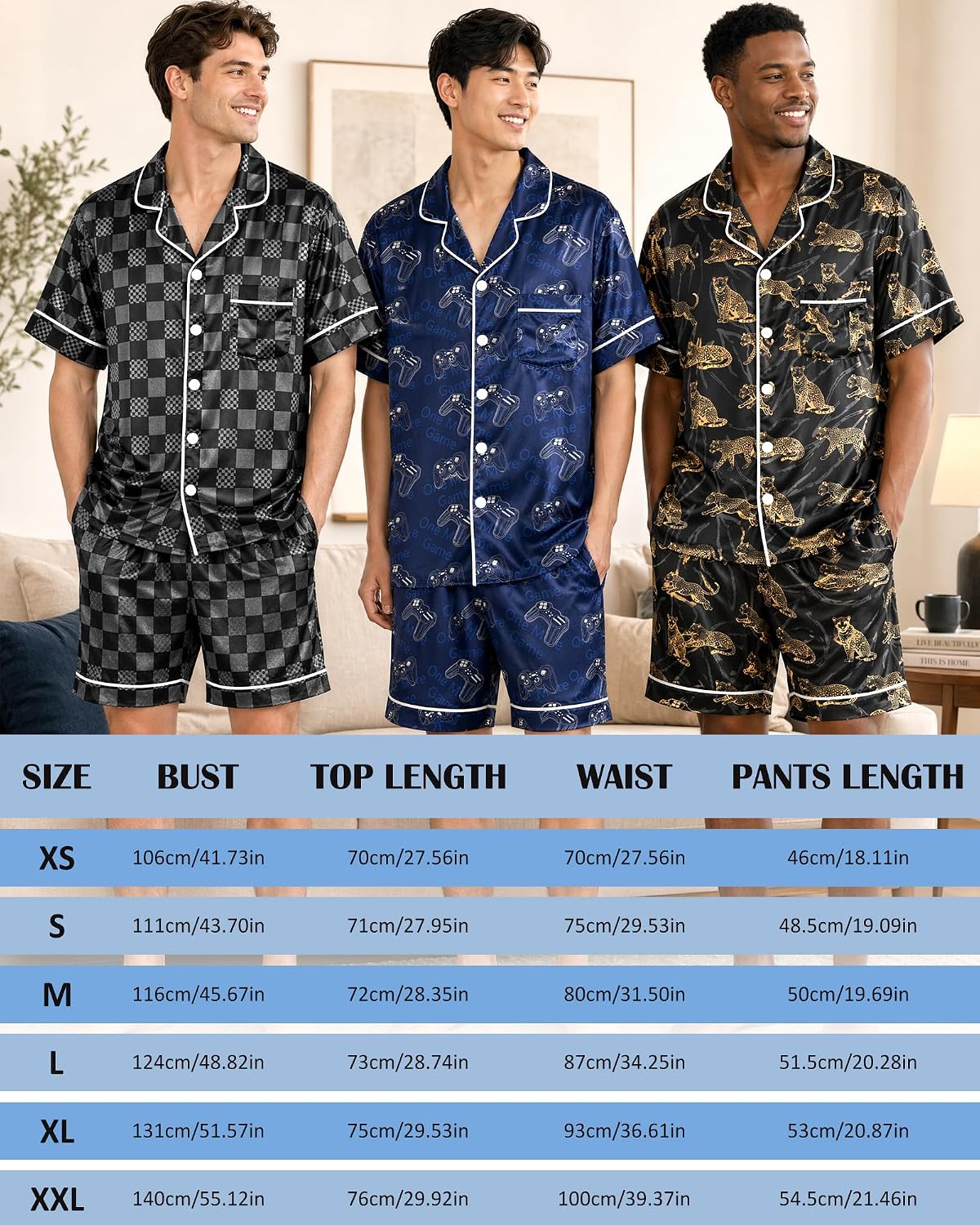 Mens Satin Silky Pajamas Set Summer Short Sleeve Sleepwear Button Down Pjs 2 Piece Loungewear with Pockets M-2XL