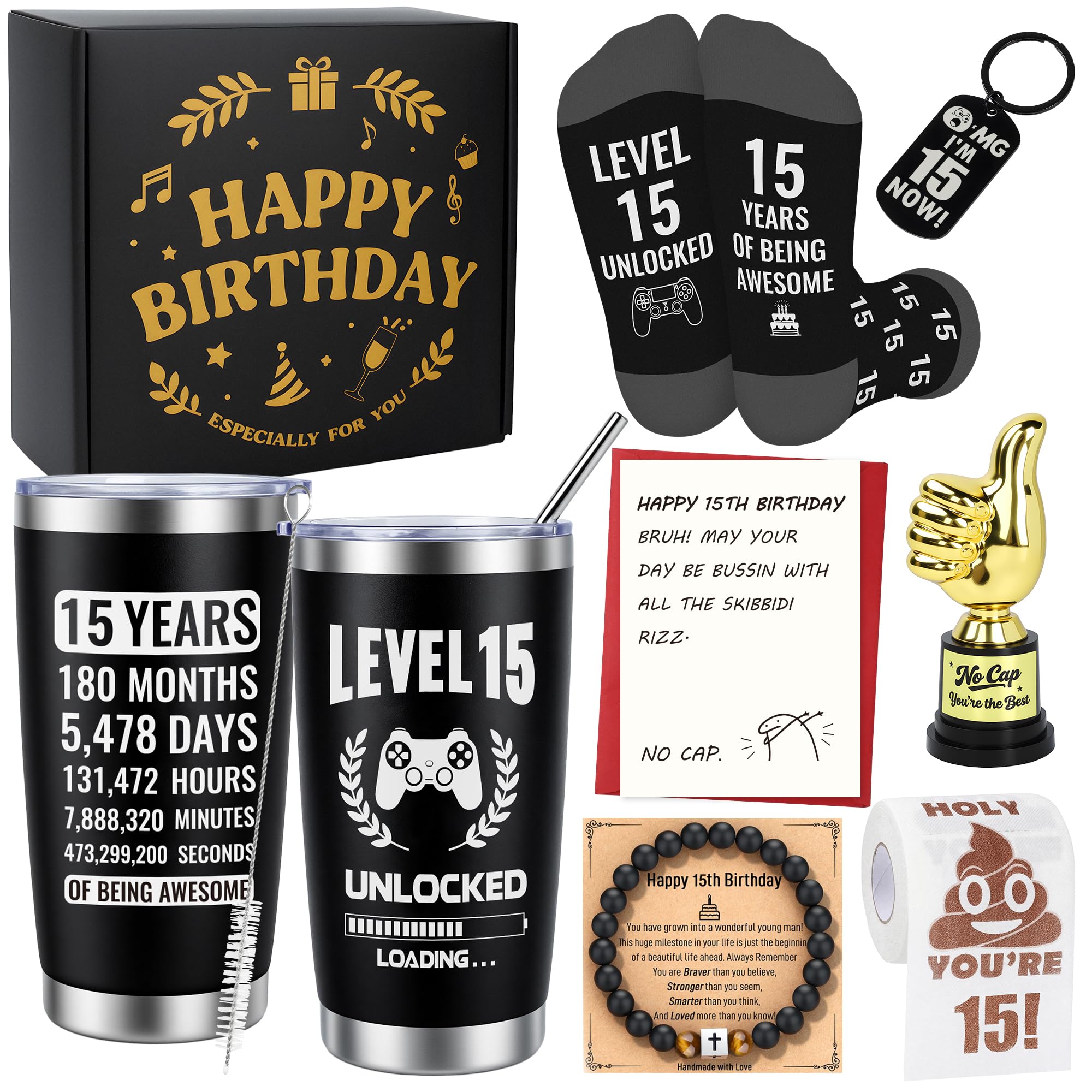 15 Year Old Boy Gifts - Gift for 15 Year Old Boy with 20oz Tumbler Cozy Socks Toilet Paper Cross Bracelet Keychain Trophy Greeting Card 15 Yr Olds Boys Gift Ideas 15th Birthday Decorations for Boys