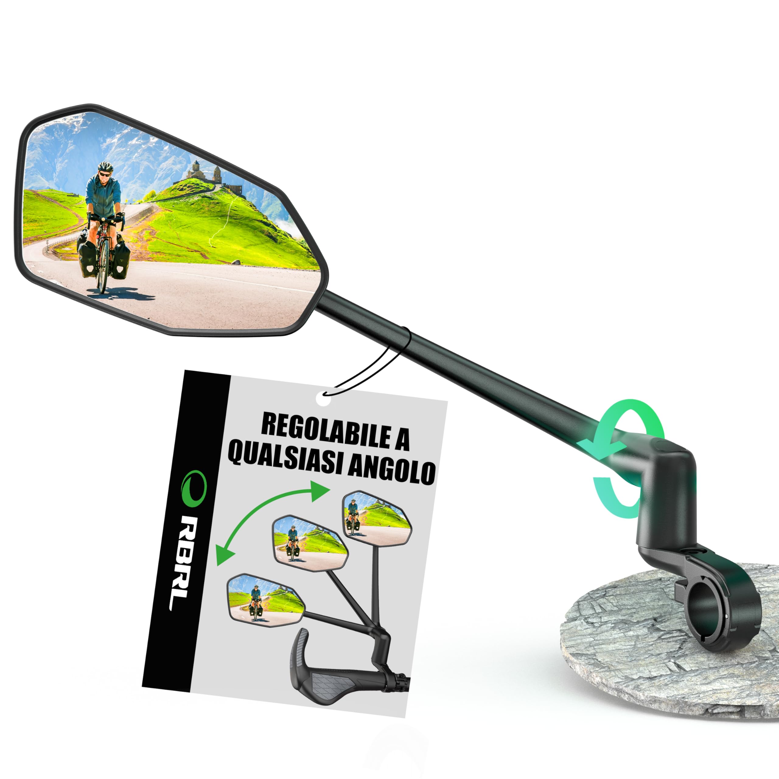 RBRL Specchio da bicicletta per manubrio ProVision in lega di alluminio, infrangibile e durevole, girevole a 360° e pieghevole, per bicicletta elettrica e scooter (a sinistra)