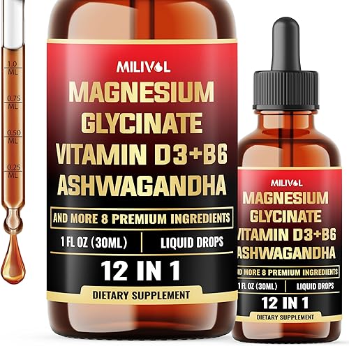 Gotas líquidas de glicinato de magnesio 12 en 1, suplemento de complejo de magnesio de absorción maximizada, raíz de ashwagandha, suplemento de