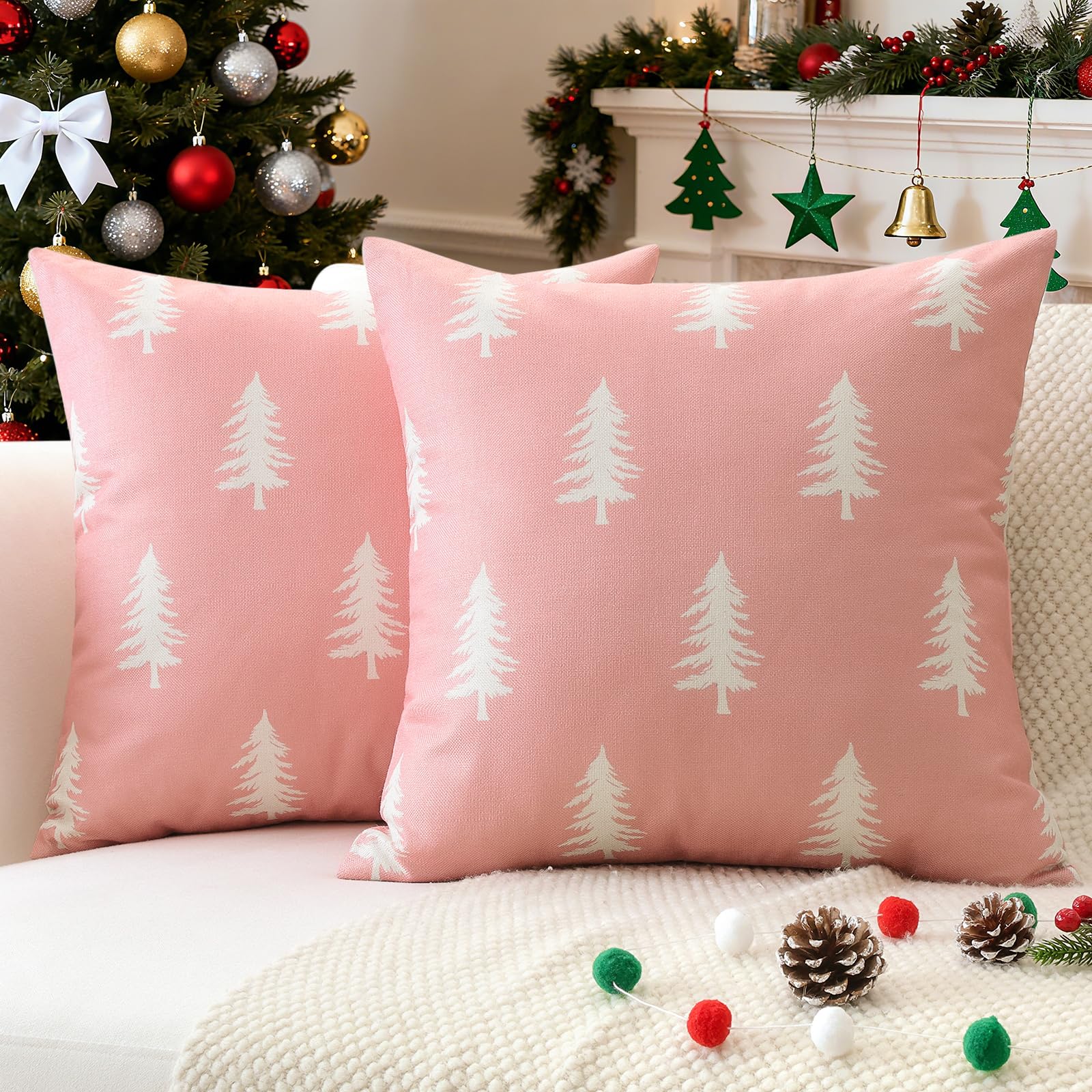 JOTOM Christmas Cushion Covers 45x45 cm Set of 2 Christmas Tree Decorative Double Sided Printed Throw Pillow Covers 18x18 Inch Sofa Winter Holiday Cushion Cases for Home Couch Bed Decor (Pink) — image 1