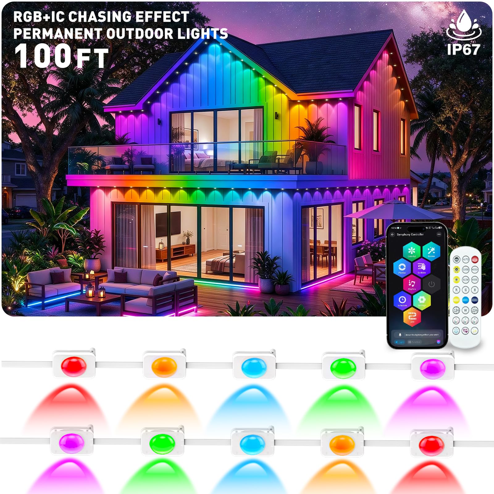 100FT RGB+IC Permanent Outdoor Lights, IP67 Waterproof Smart Eave Lighting