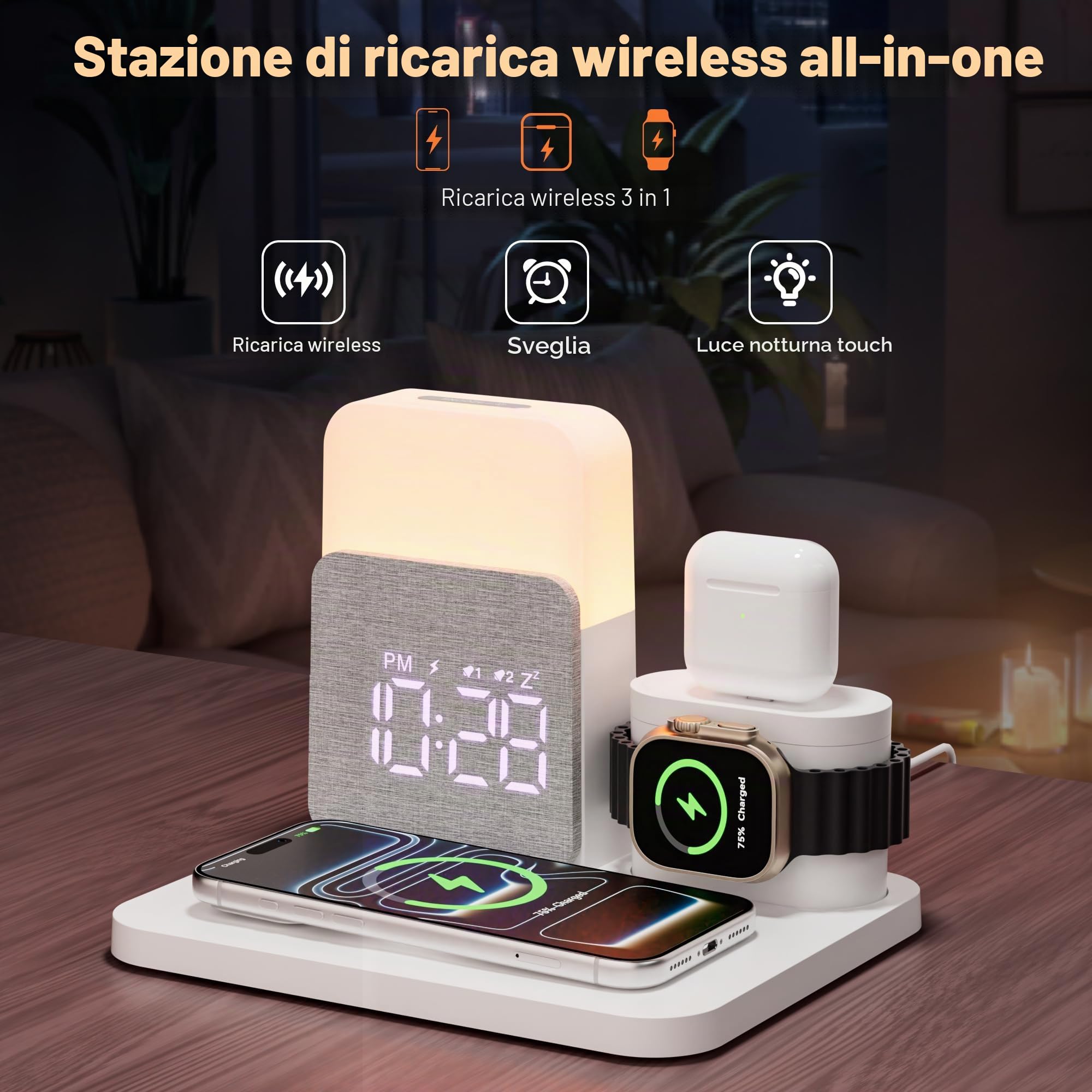 5 in 1 Caricatore Wireless per i-phone, Stazione di Ricarica con Sveglia | Caricatore 3 in 1 A-Watch Air-Pods i-phone 17-11 e Luce 3 Colori Regolabile, Adattatore Incluso – per Camera, Ufficio