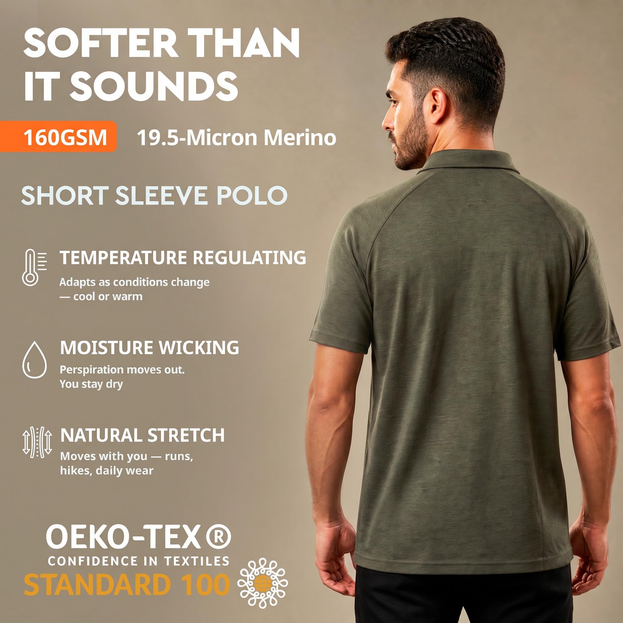 Herren-Poloshirt aus Merinowolle, 100 % Merinowolle, kurzärmelig, feuchtigkeitsableitende Basisschicht