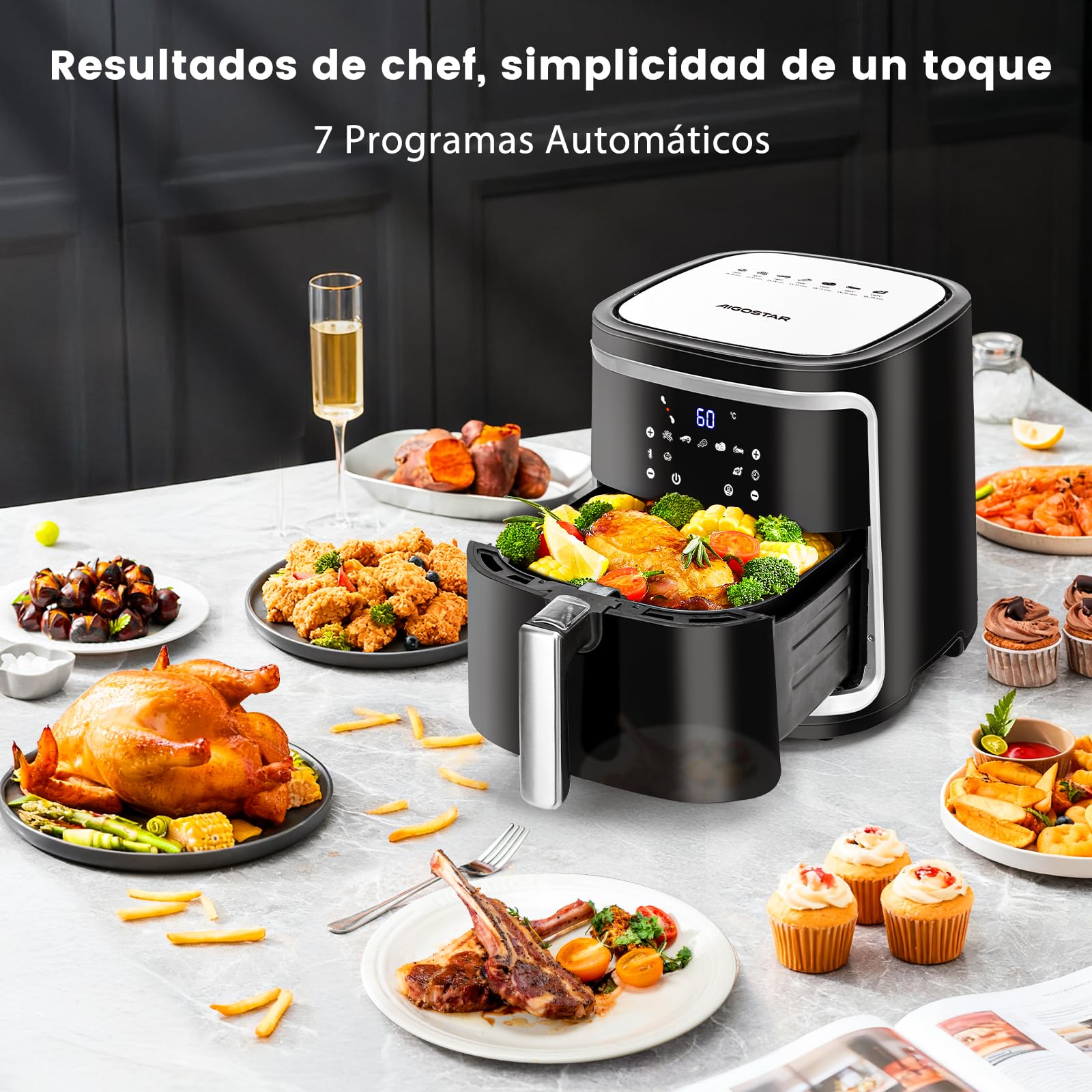 Aigostar Cube Pro - Freidora de Aire 1900W, 7L - Tecnología de Circulación de Aire 360°, Freidora Sin Aceite Eléctrica, Horno de Aire Caliente, 80-200ºC, Panel LED Táctil, Eficiencia Energética
