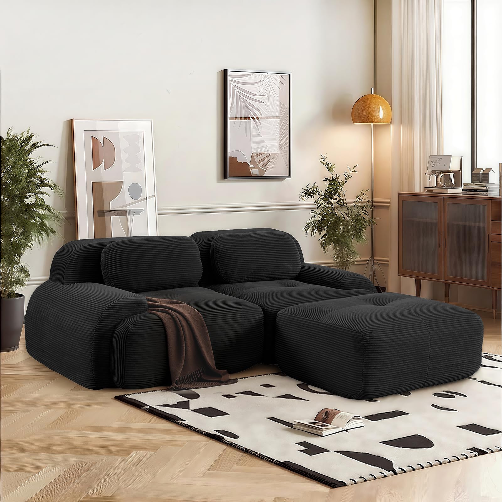 SoarFlash Sofá Moderno Modular, Tela côtelé, Asiento Profundo + reposabrazos Anchos, sin Necesidad de ensamblaje, sofá 2 plazas Tipo L, Negro