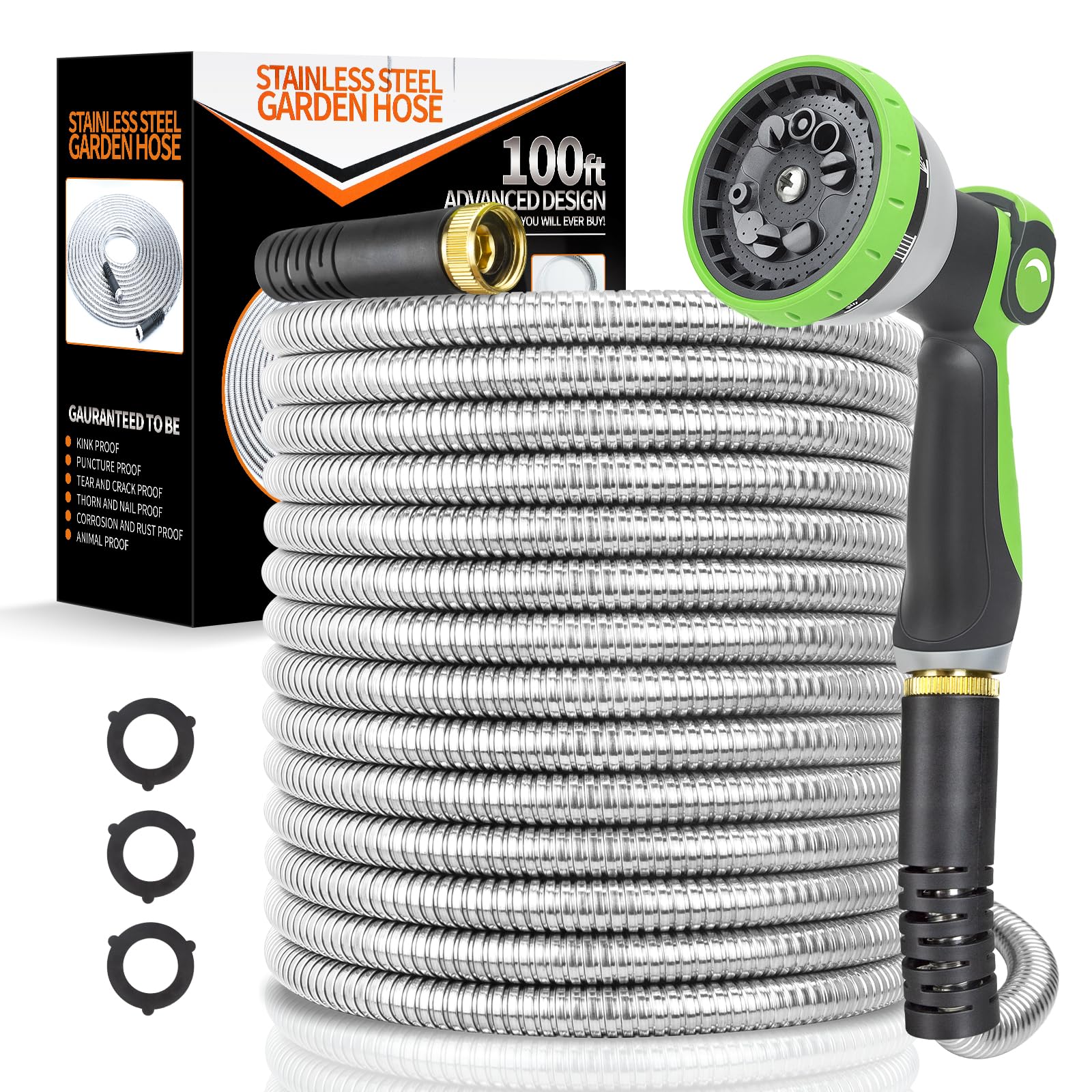 Metal Garden Hose, Upgraded 304 Stainless Steel Water Hose with Solid Brass Fittings and 10-Function Nozzle, Rust Proof, Puncture and Abrasion Resistant, No Tangle and Kink, 100FT
