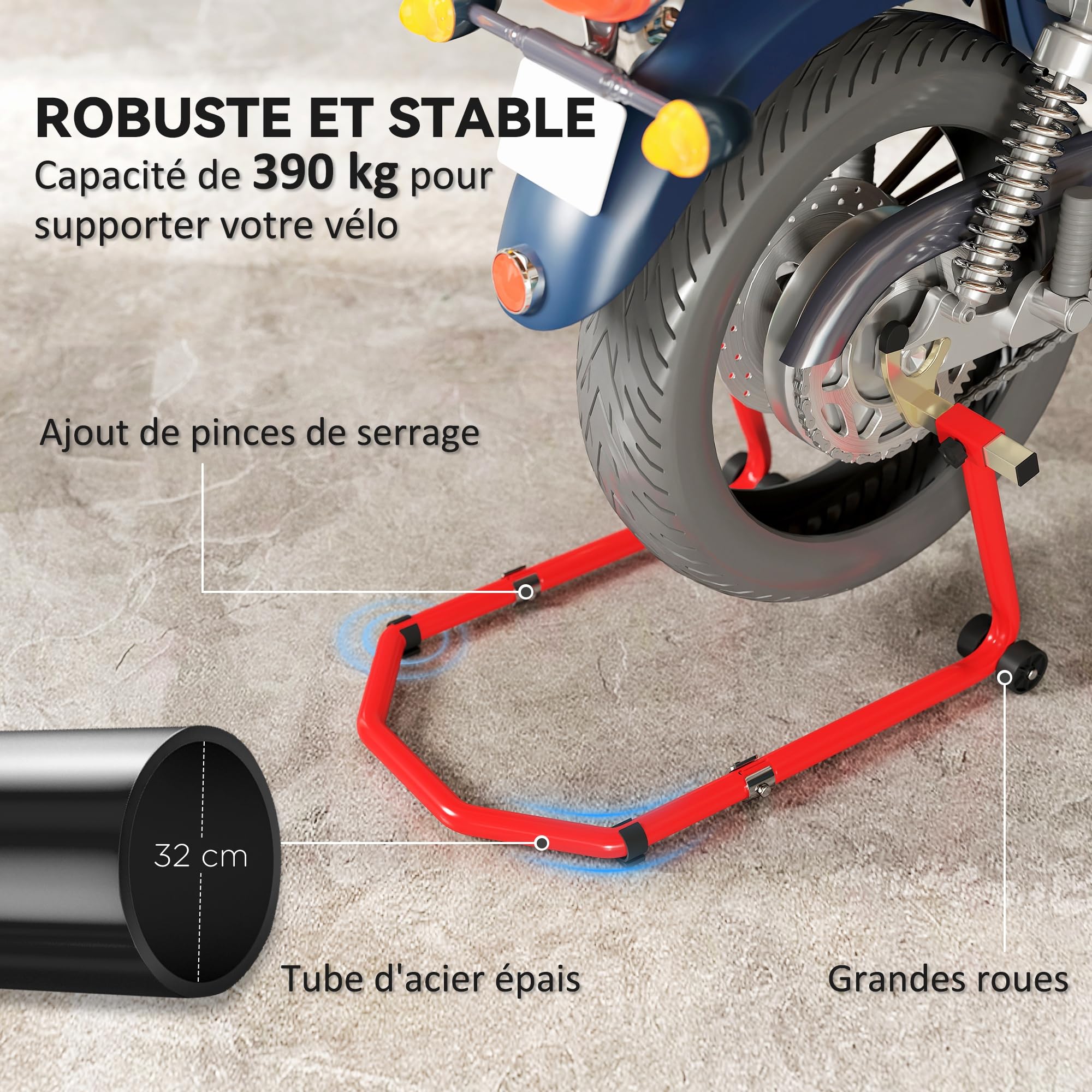 HOMCOM Béquille Roue Avant Arrière Charge 390 kg Bras Réglable Rouge | Béquille d'Atelier Moto, En Acier, Lève-Moto Fourche en Forme de U + L, Réparation Entretien Stockage Domicile