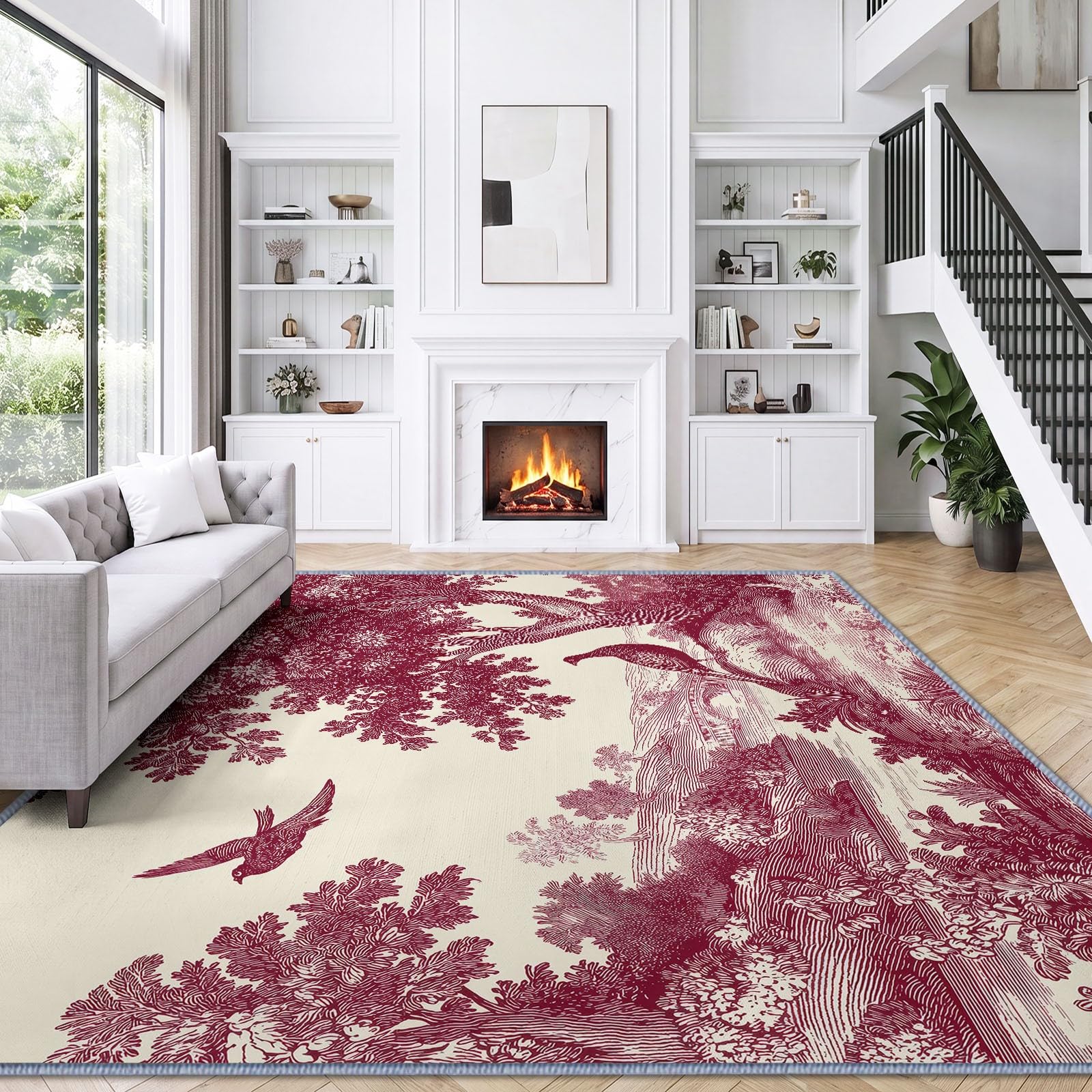Générique Tapis Lavable en Machine 140 x 200 cm Animaux Oiseaux Branches Feuilles Tapis Poils Courts Anti-Poussière – Design Élégant et Antidérapant – Parfait pour Salon, Chambre et Couloir, Rouge
