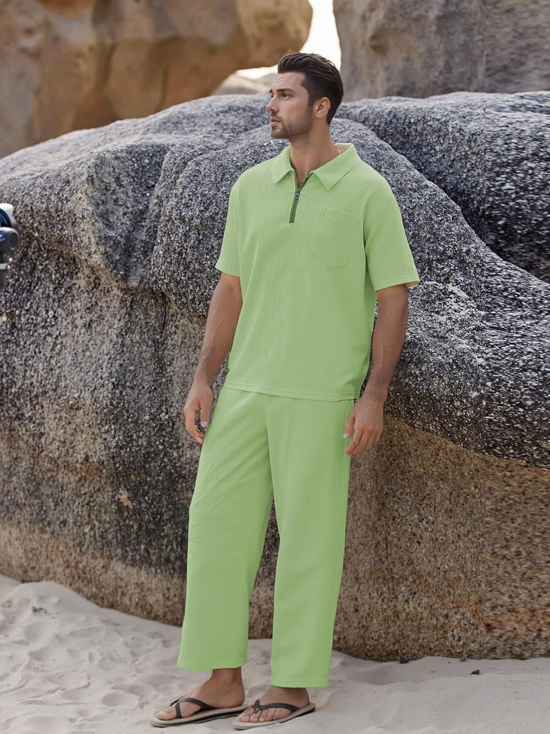 Bealin Mens Summer Beach Outfits 2 Piece Casual Quarter Zip Short Sleeve Vertical Stripe Shirt and Loose Pants Set