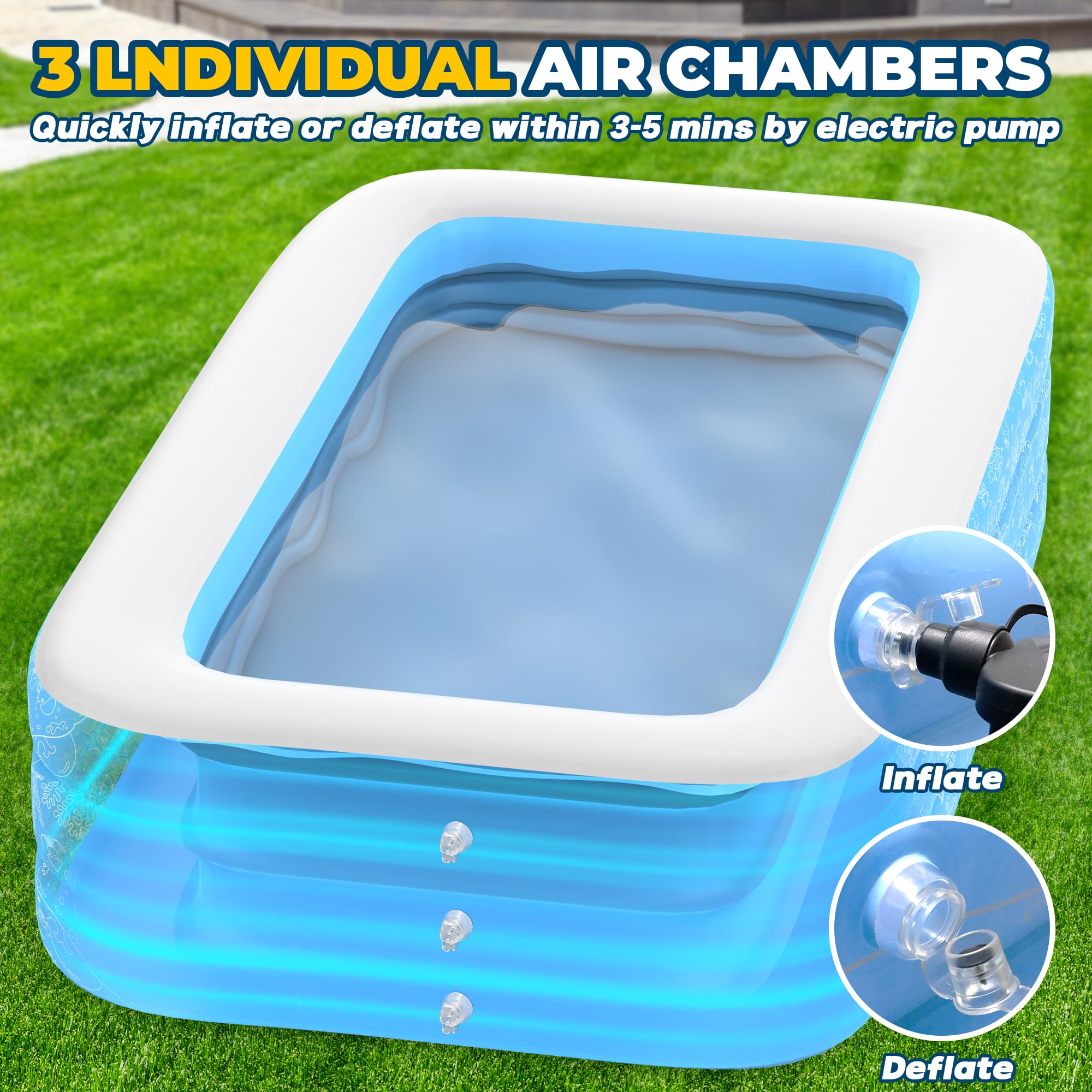 CACSPS Inflatable Swimming Pools, 60" X 40" X 20" Full-Size Inflatable Pool for Kids and Adults, Durable Family Lounge Pool, Kiddie Pool for Backyard, Garden or Indoor - 3