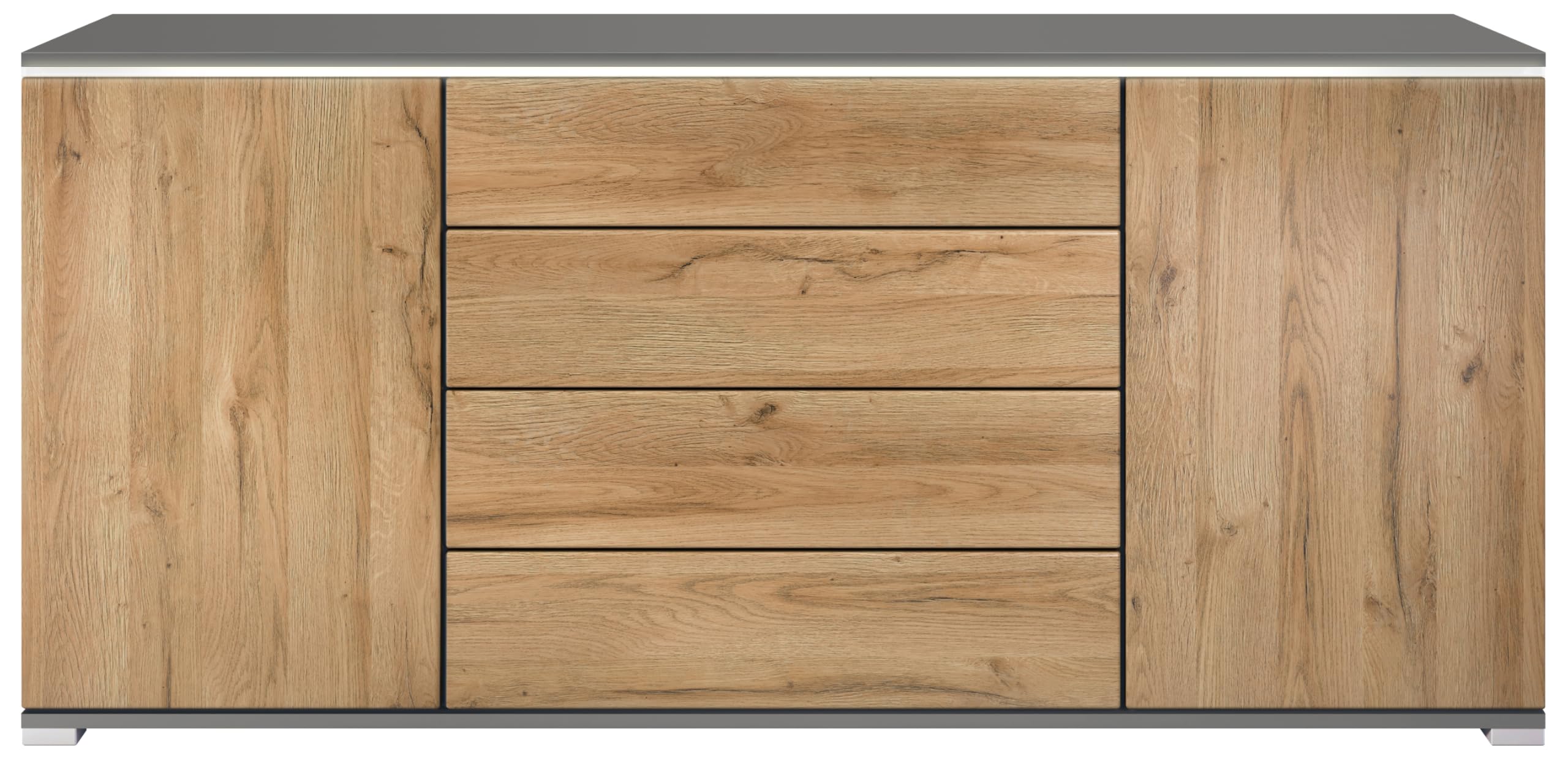 Sideboard Faro V2 - Kommode mit 2 Türen & 4 Schubladen, Schrank mit LED Lichtleiste, Anthrazit matt/Eiche Natur (166,5 x 75,5 x 35)